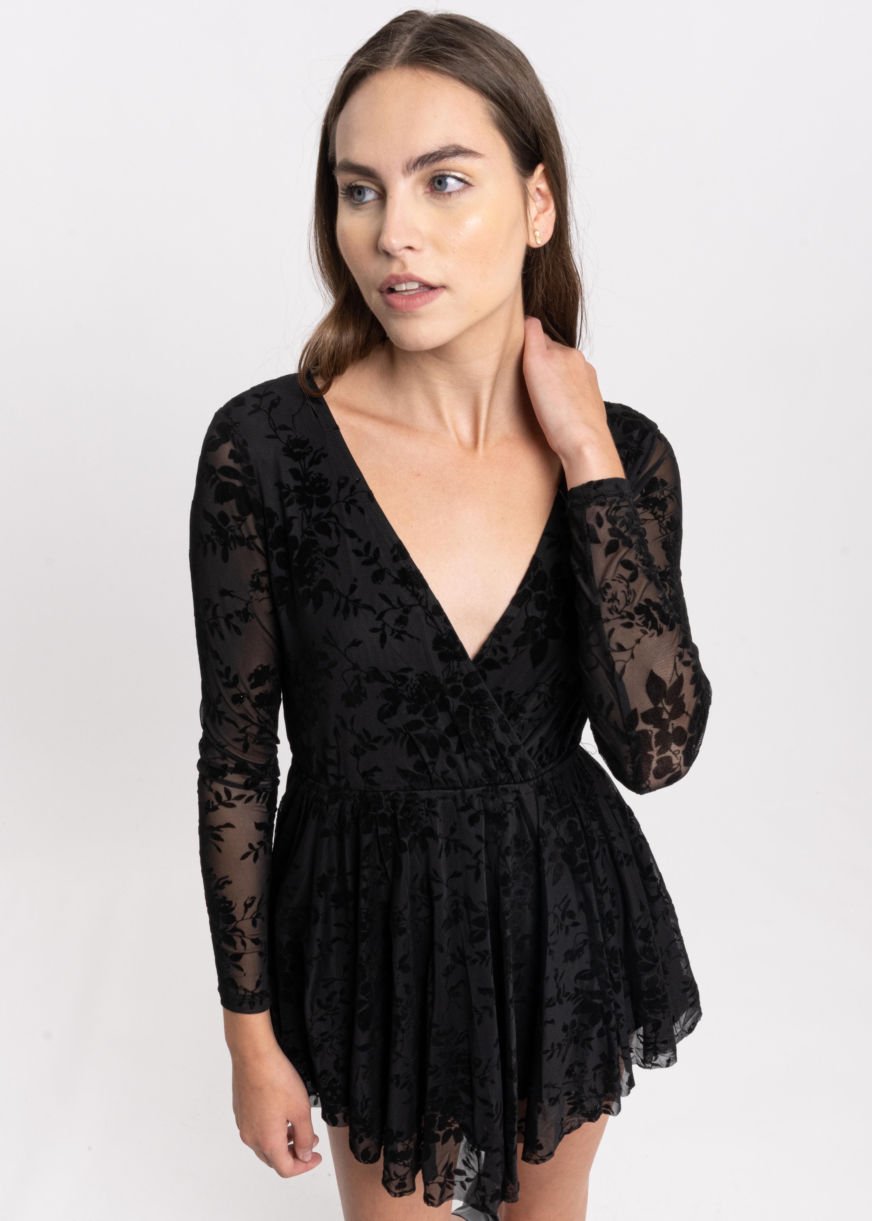 Vestido Mesh Flock Manga Larga NEGRO