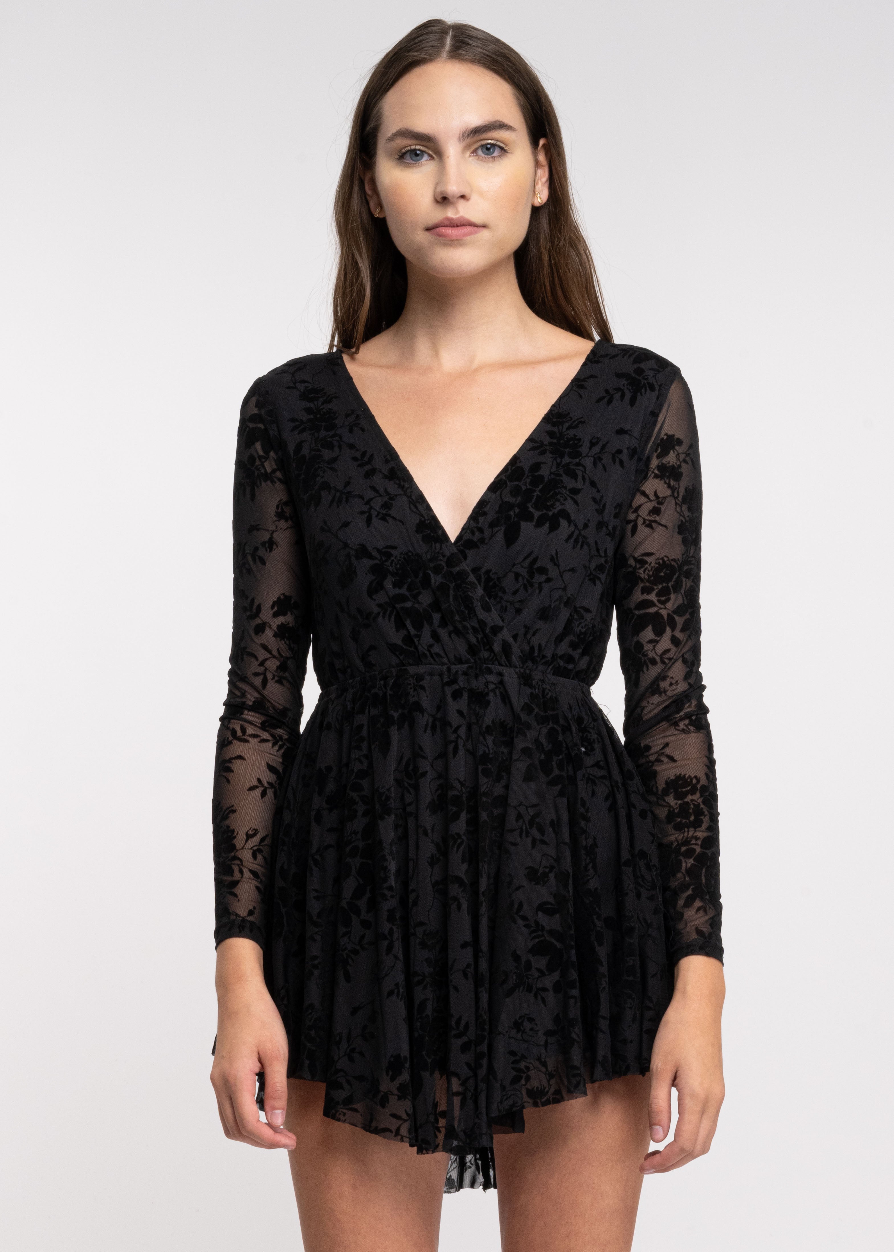 Vestido Mesh Flock Manga Larga NEGRO