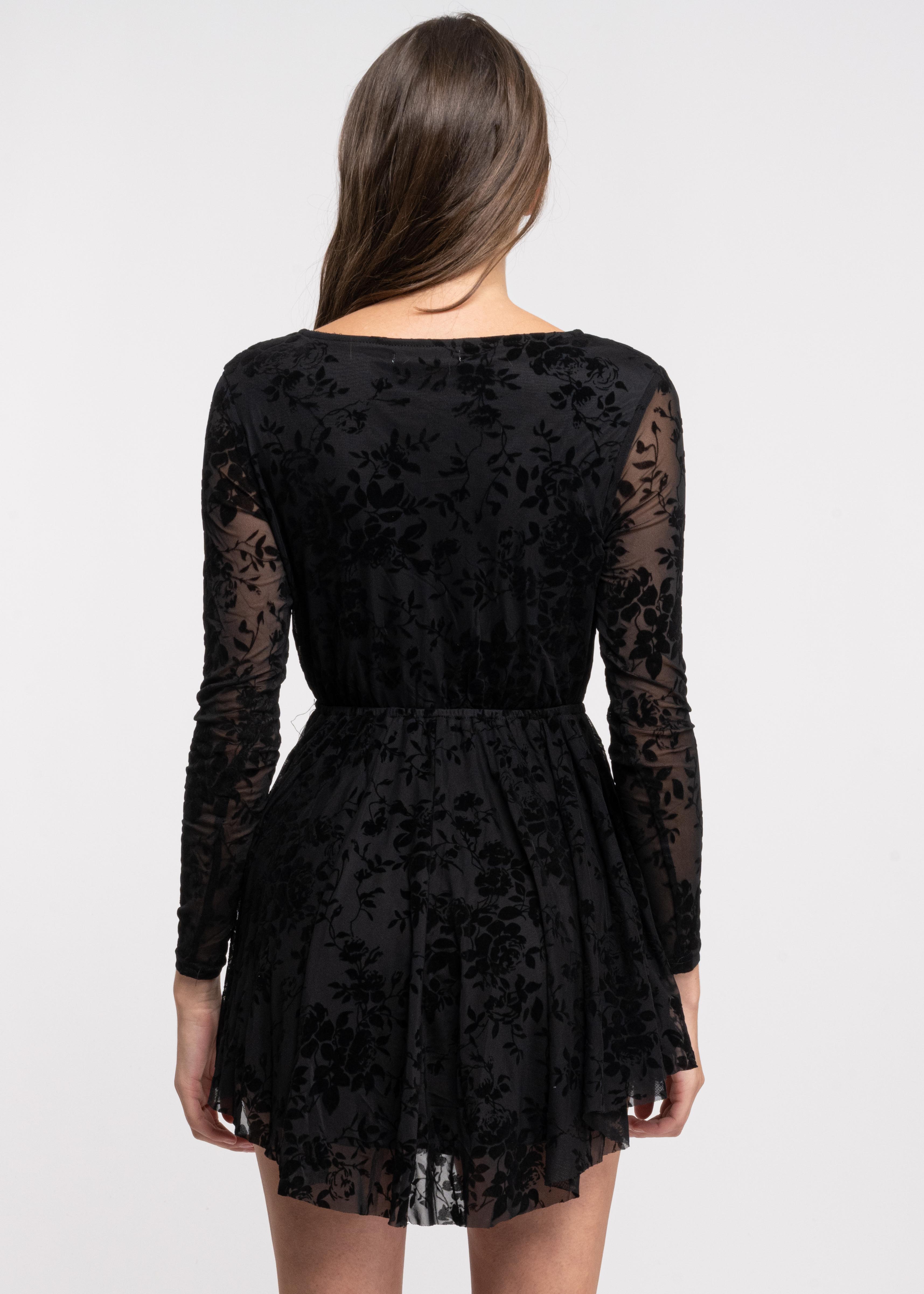 Vestido Mesh Flock Manga Larga NEGRO