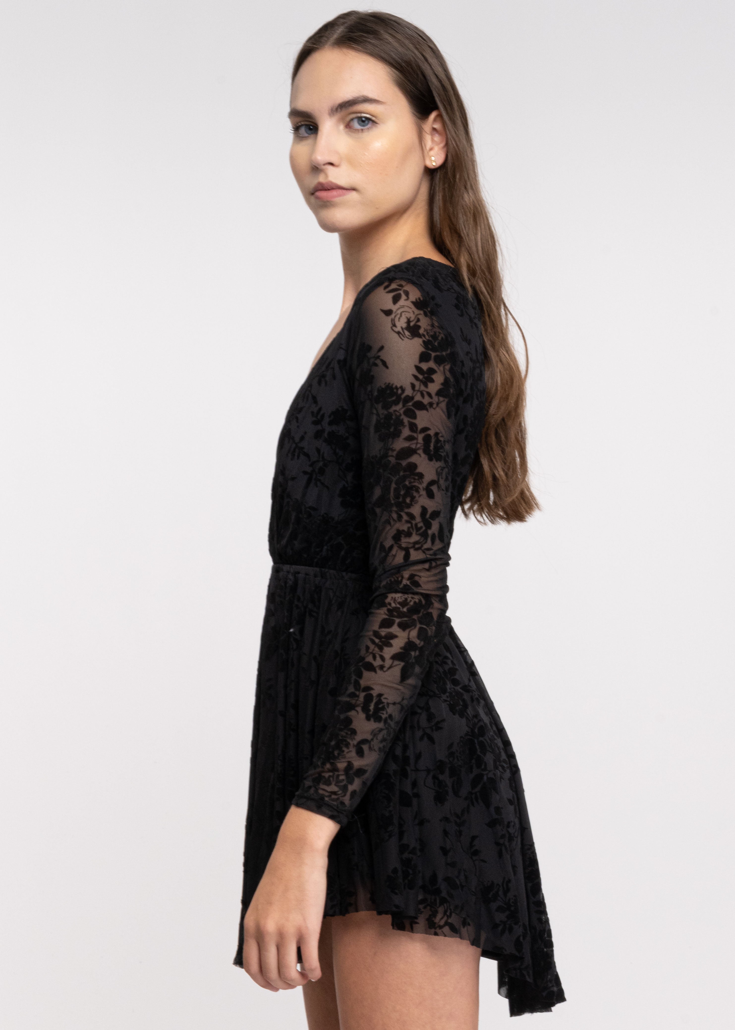 Vestido Mesh Flock Manga Larga NEGRO