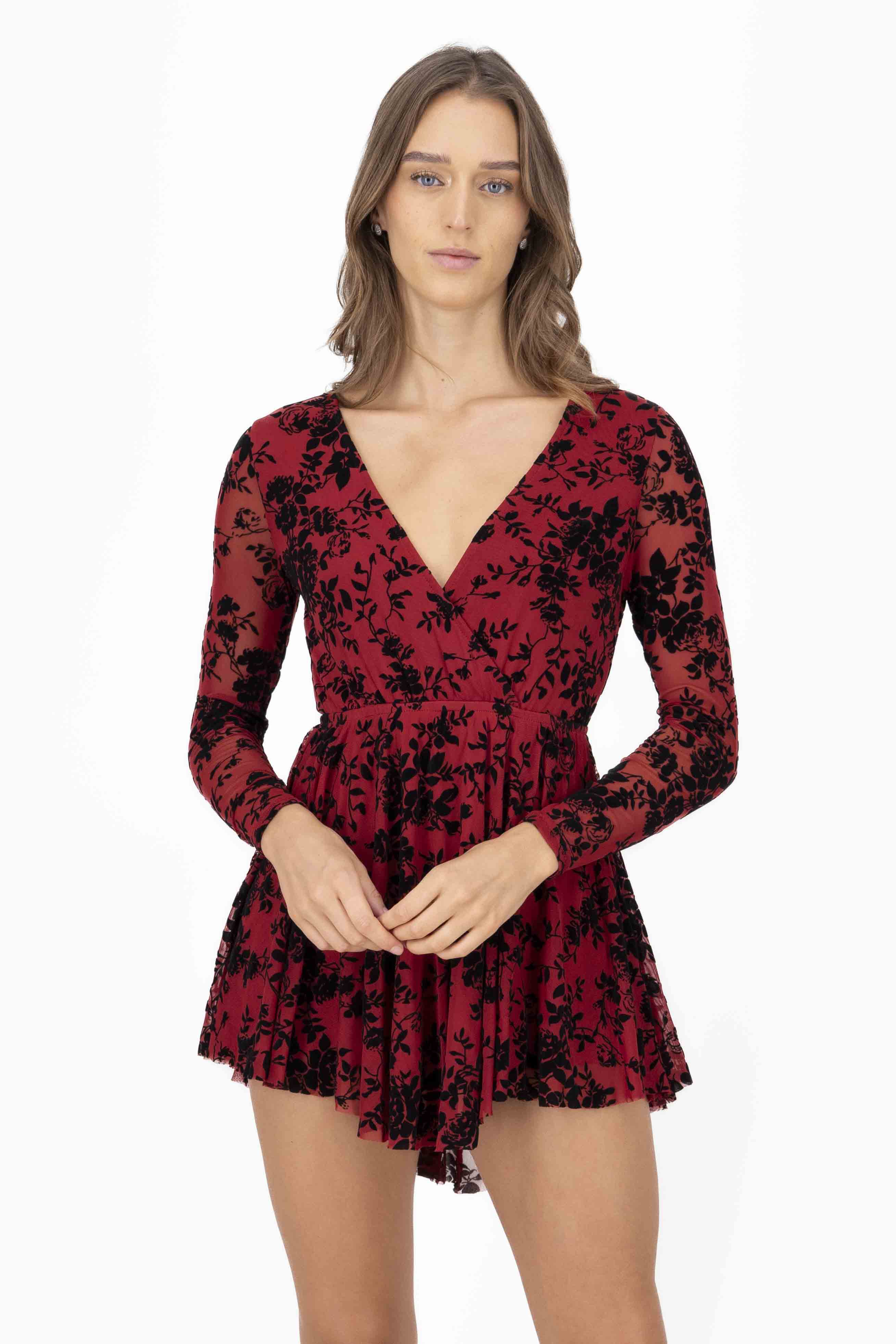 Vestido Mesh Flock Manga Larga ROJO CEREZA