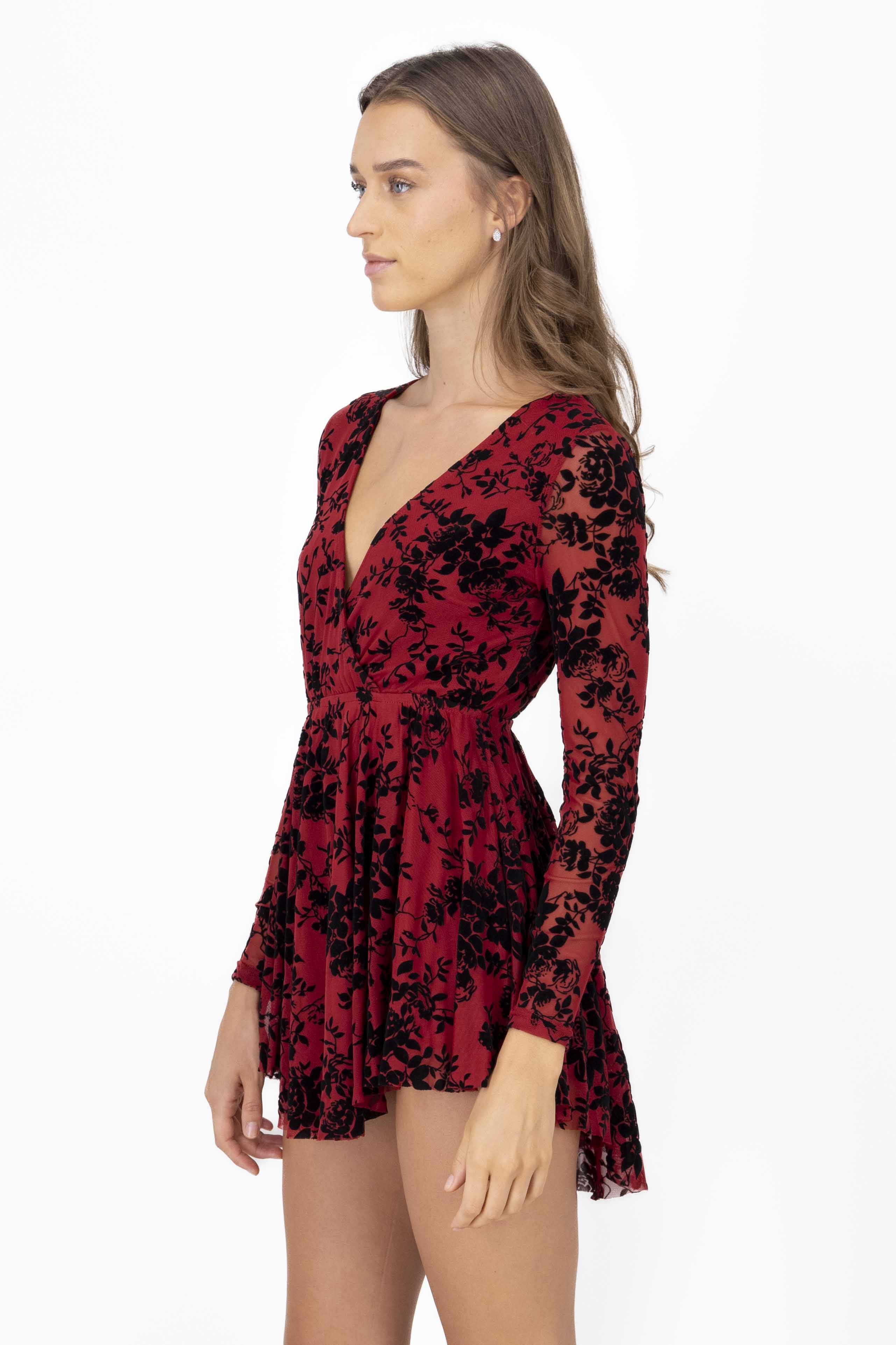 Vestido Mesh Flock Manga Larga ROJO CEREZA