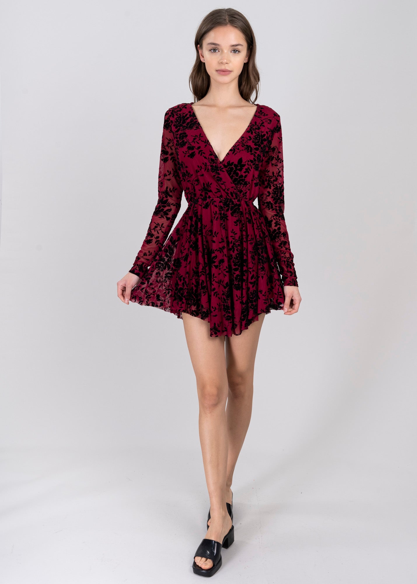 Vestido Mesh Flock Manga Larga VINO