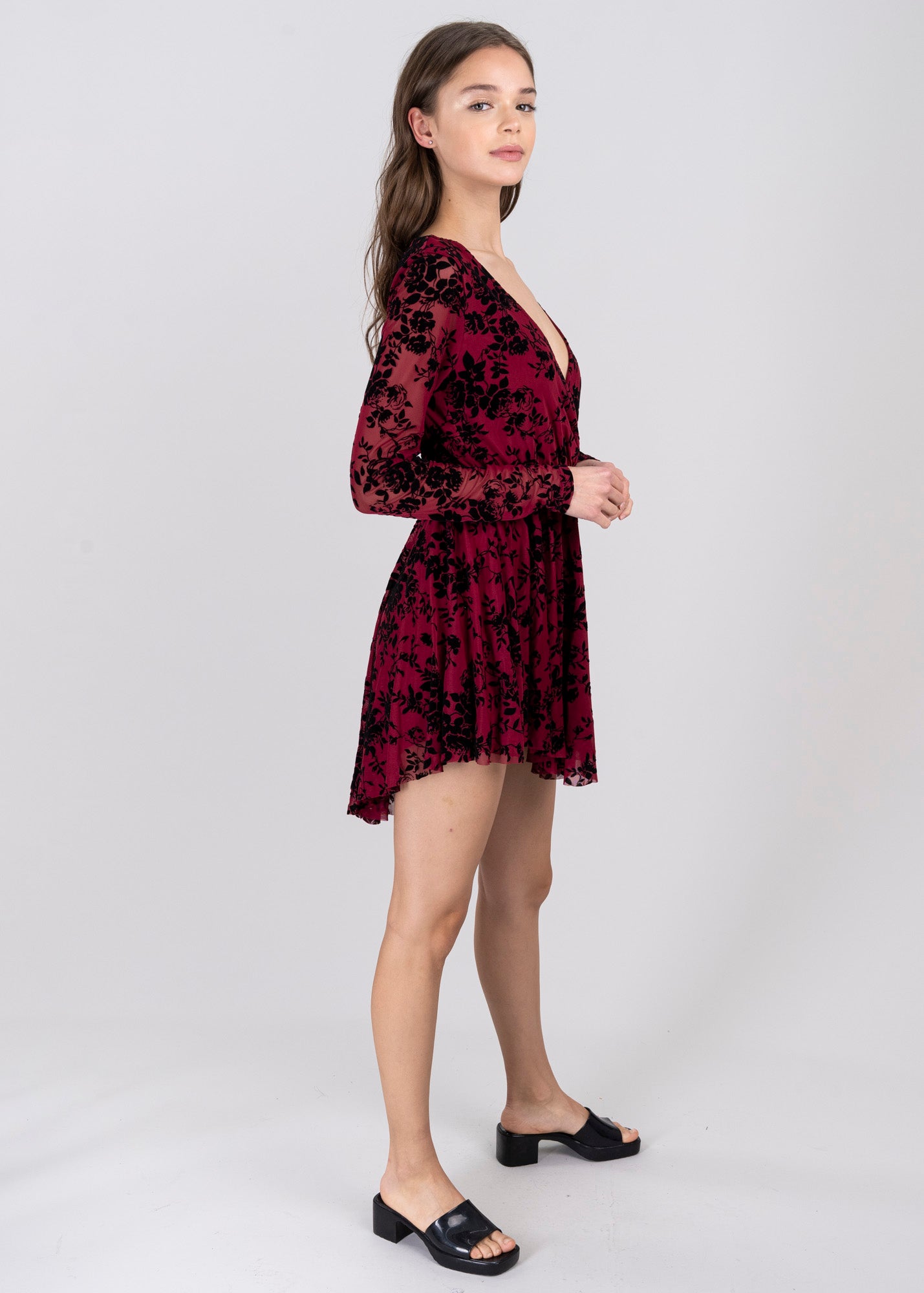 Vestido Mesh Flock Manga Larga VINO