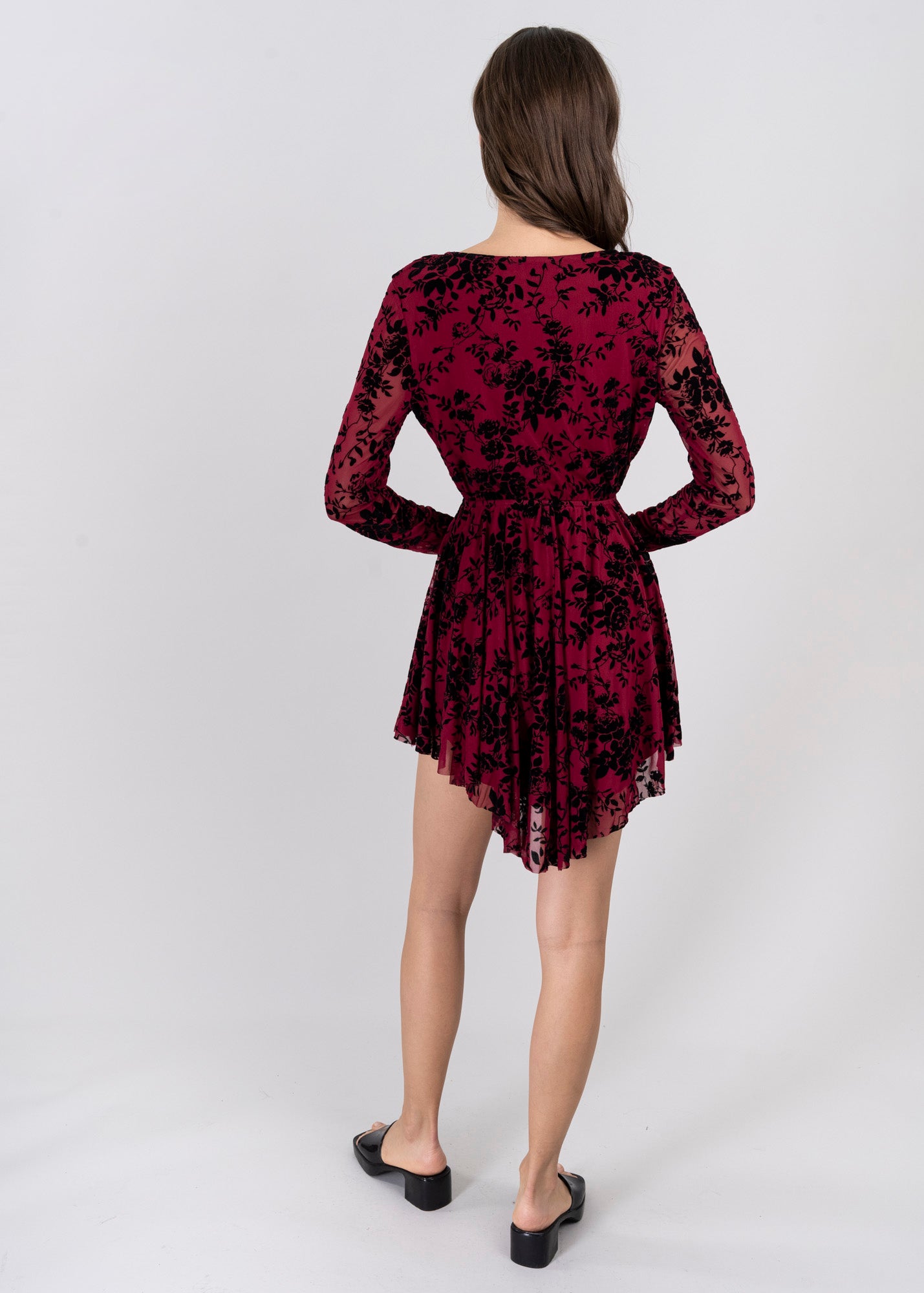 Vestido Mesh Flock Manga Larga VINO