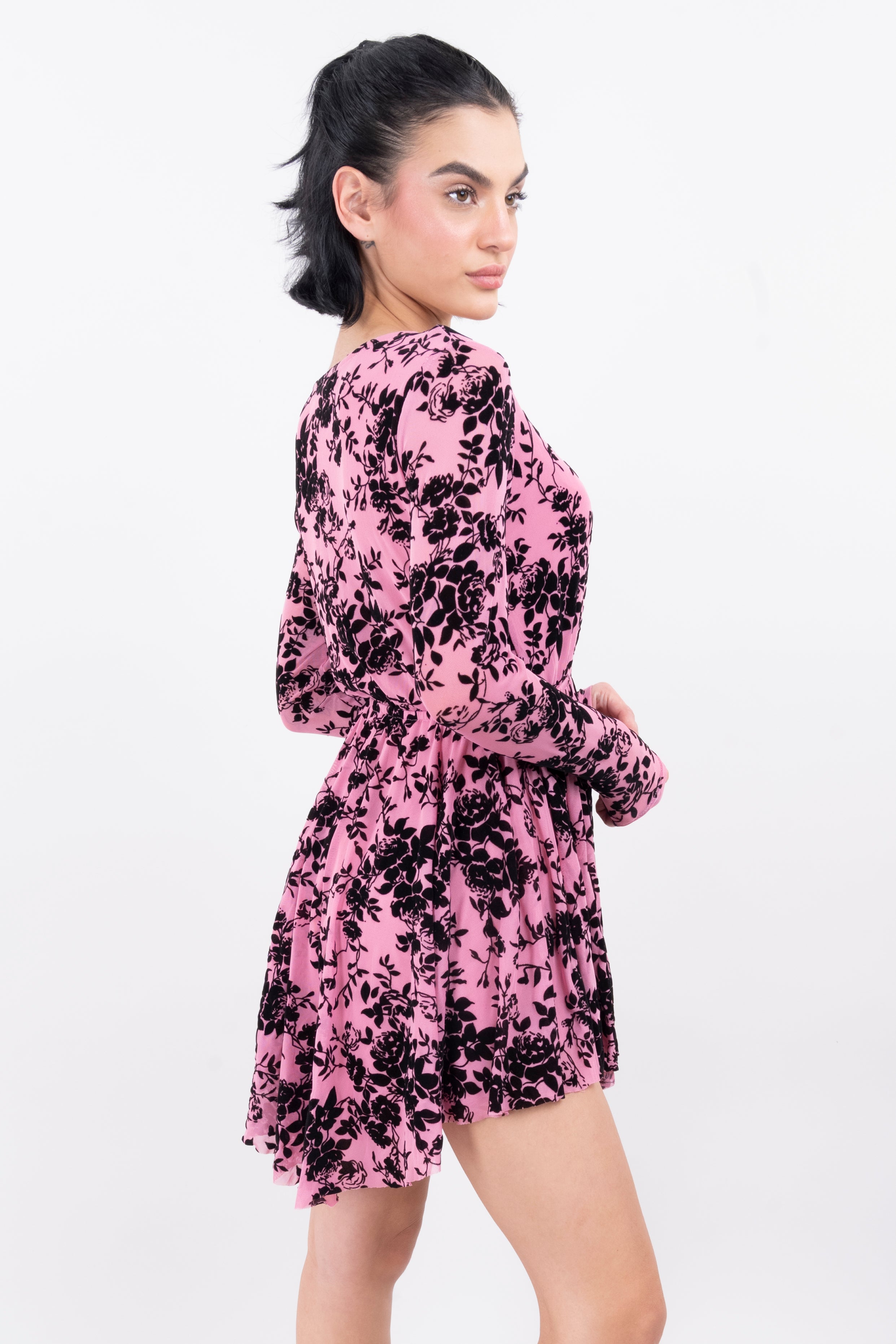 Vestido Mesh Flock Manga Larga ROSA