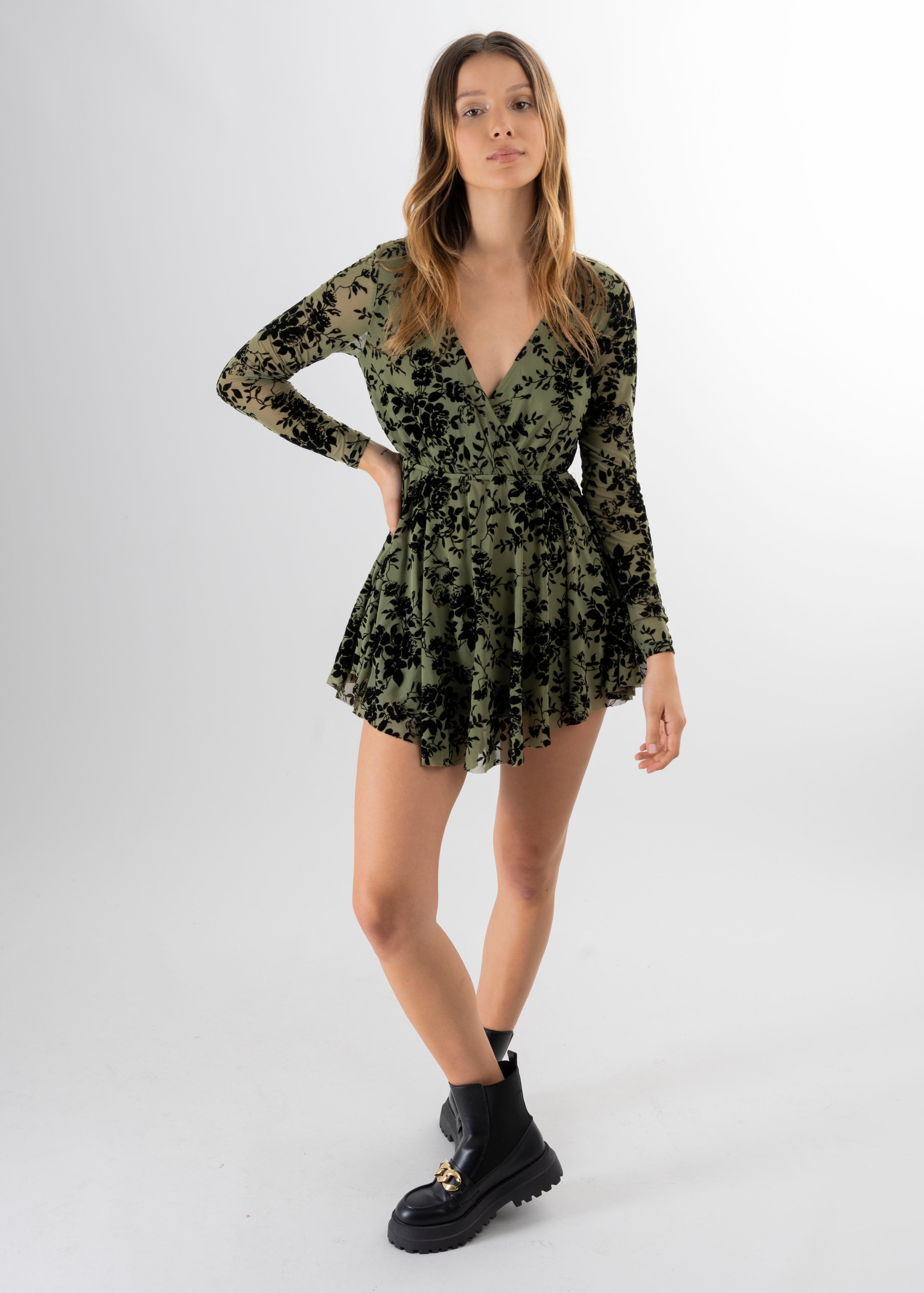 Vestido Mesh Flock Manga Larga OLIVO
