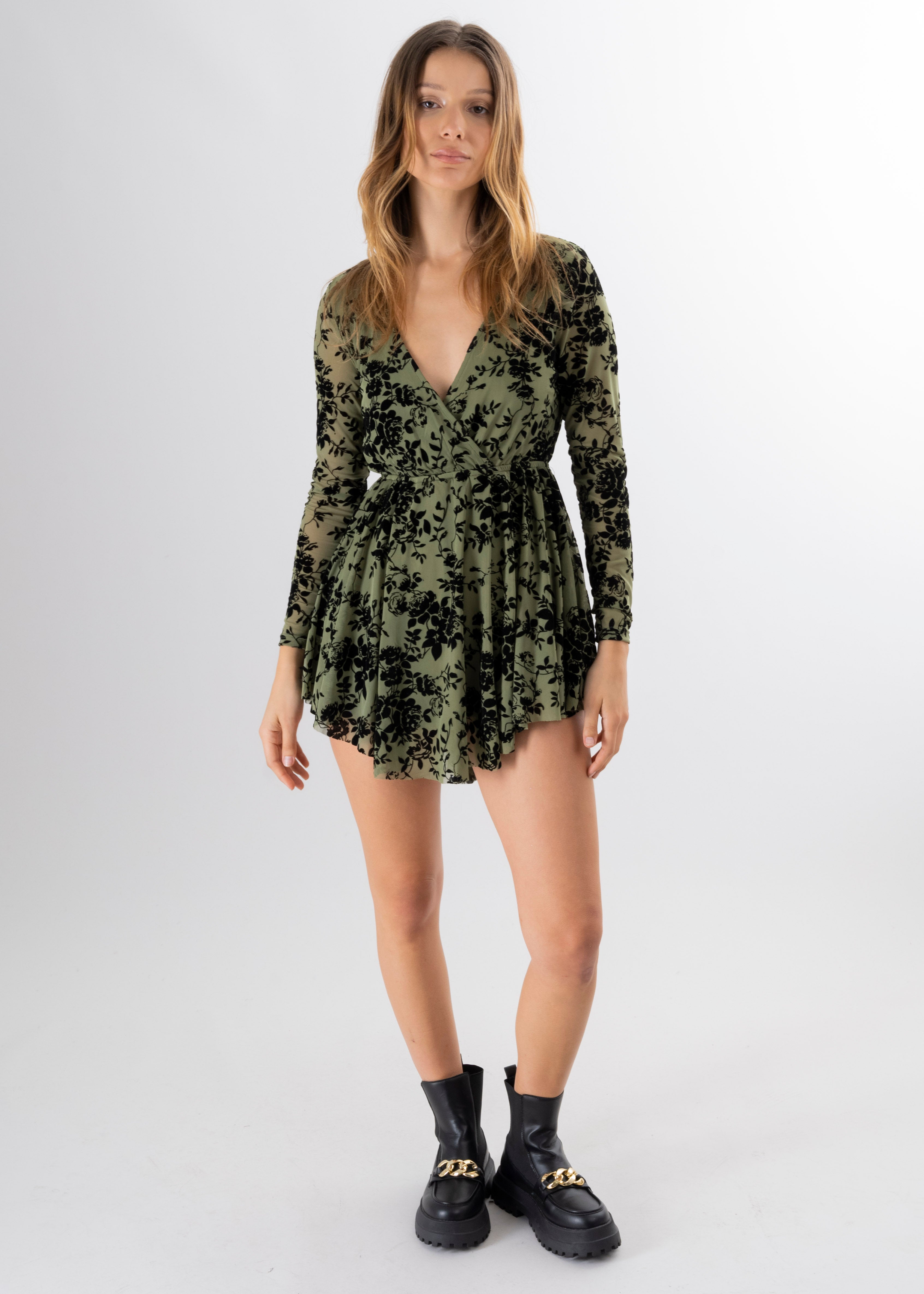 Vestido Mesh Flock Manga Larga OLIVO