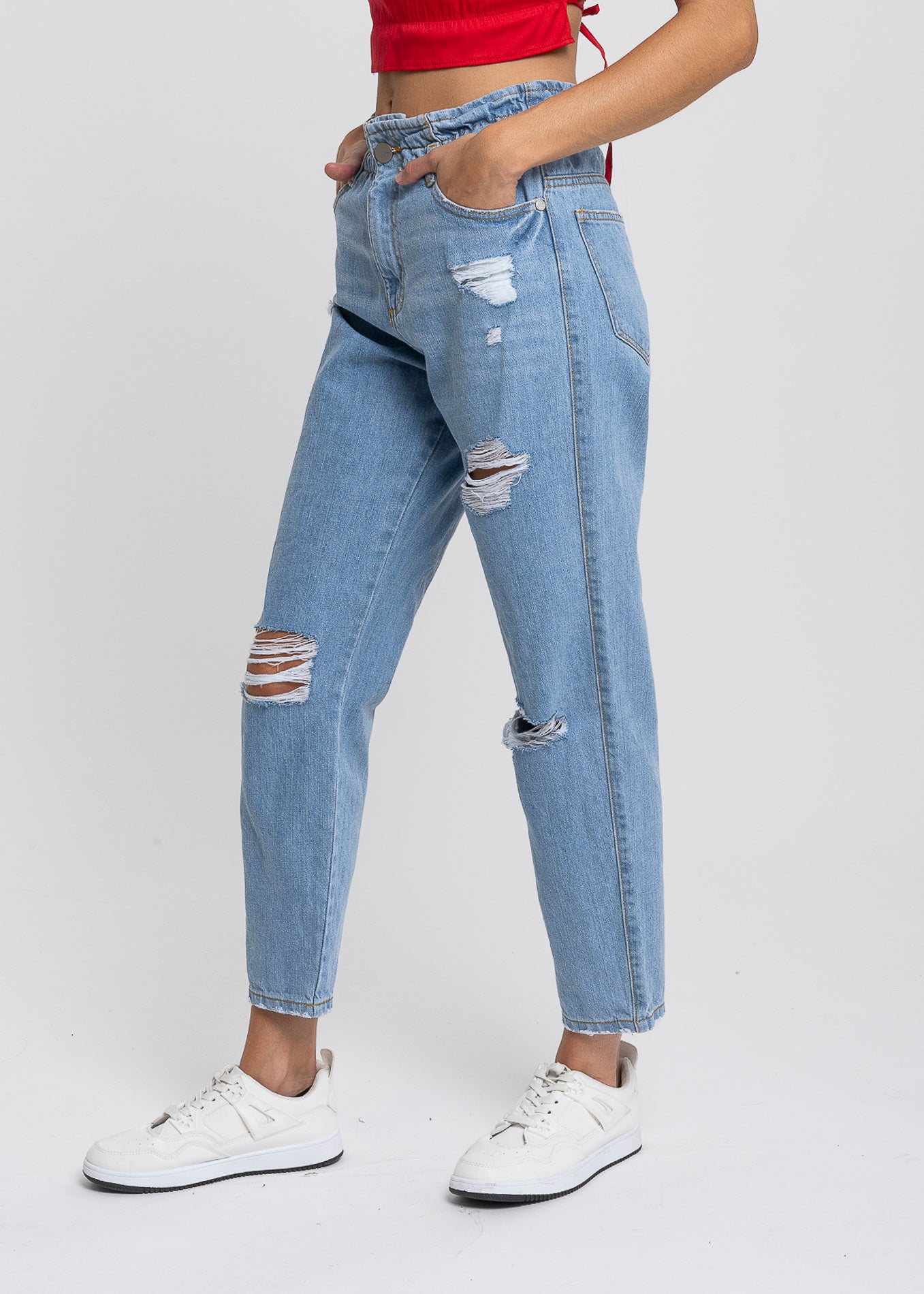 Jeans paper bag cintura media destrucción LIGHT WASH