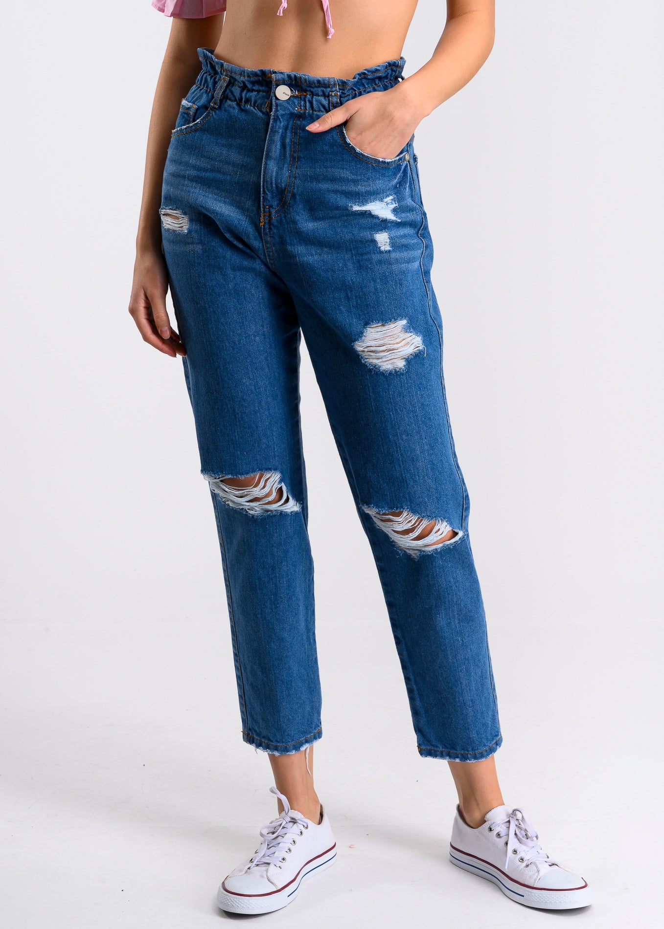 Jeans paper bag cintura media destrucción MEDIUM WASH