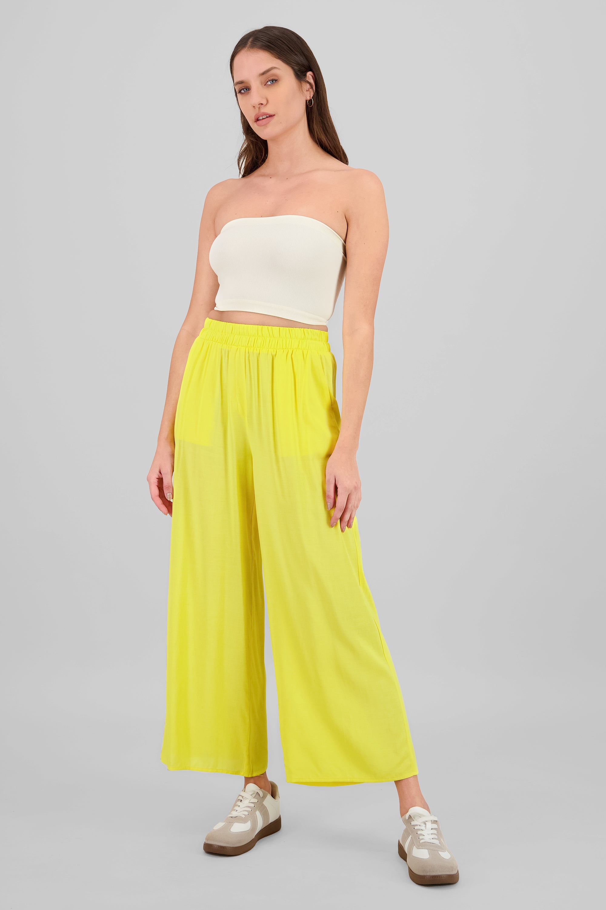 Pantalón Wide Leg Cintura Alta Fruncida AMARILLO PASTEL