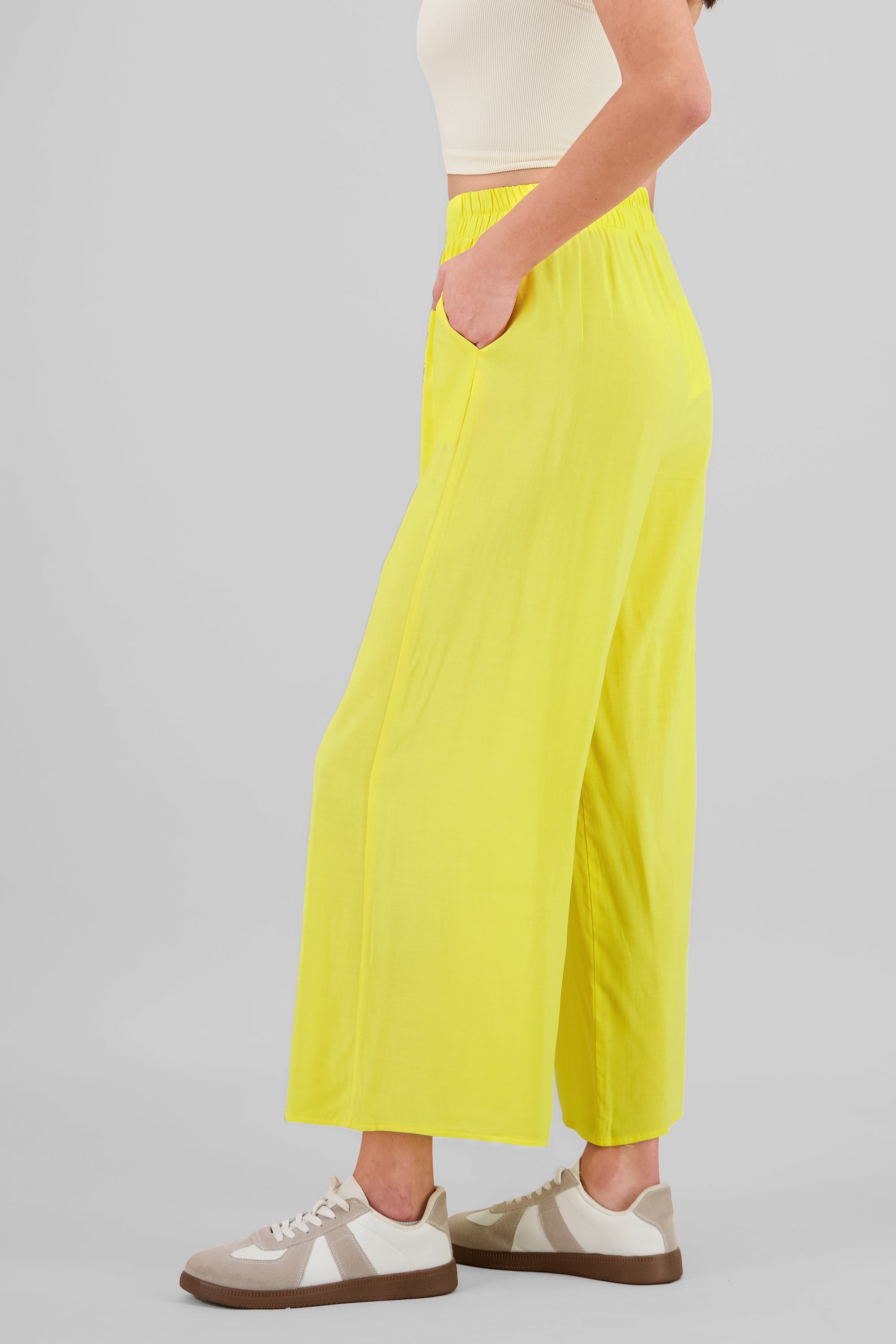 Pantalón Wide Leg Cintura Alta Fruncida AMARILLO PASTEL