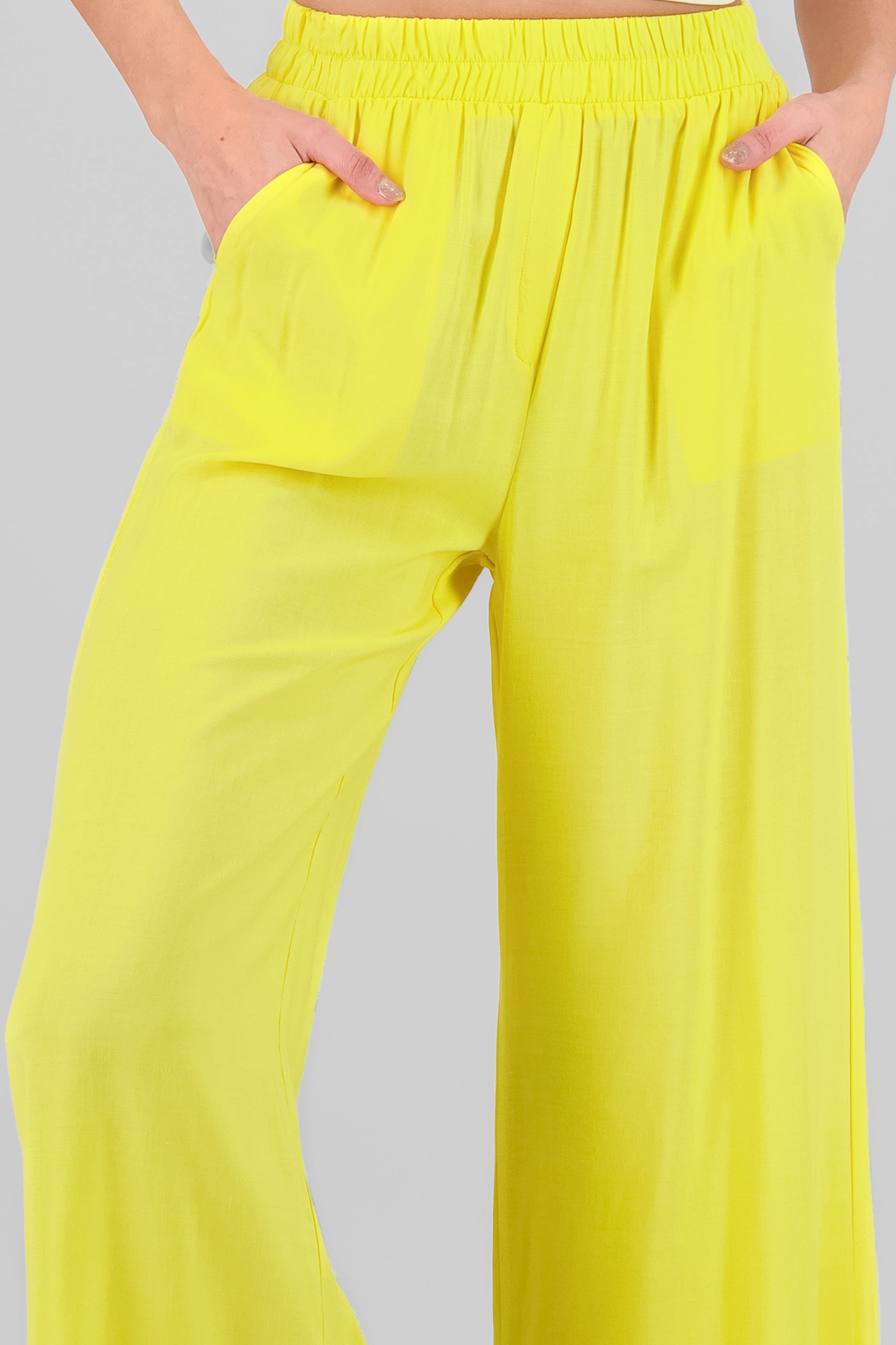 Pantalón Wide Leg Cintura Alta Fruncida AMARILLO PASTEL