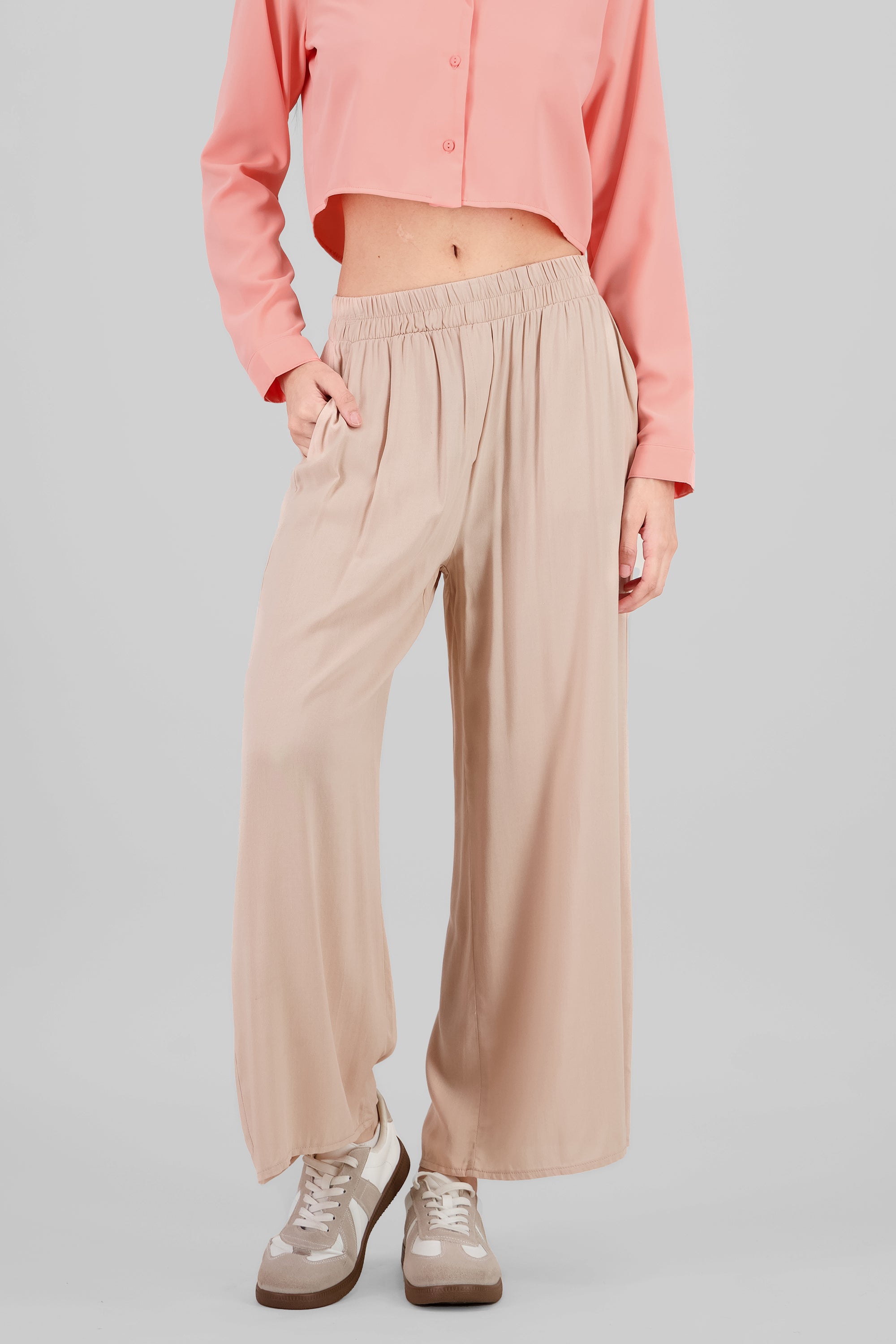 Pantalón Wide Leg Cintura Alta Fruncida HUESO