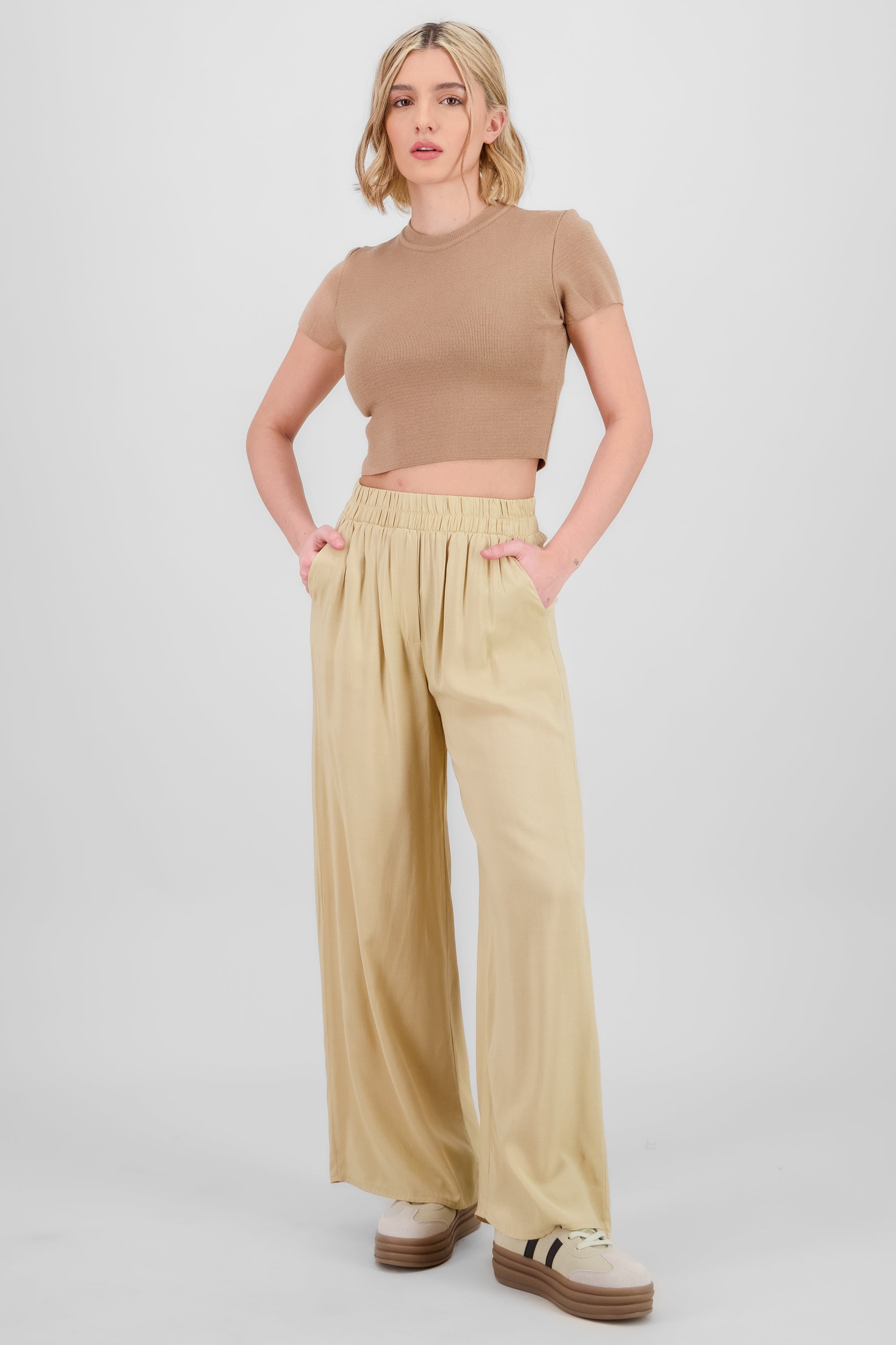 Pantalón Wide Leg Cintura Alta Fruncida CREMA