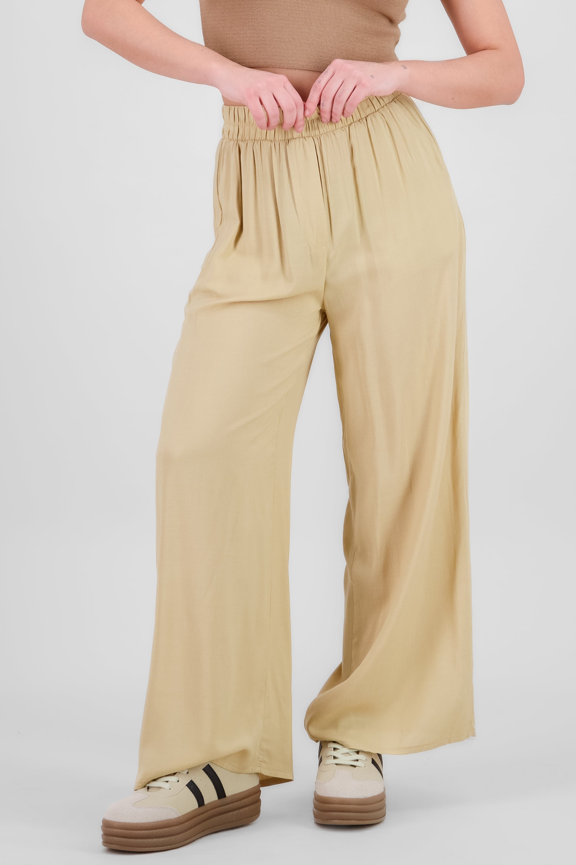 Pantalón Wide Leg Cintura Alta Fruncida CREMA