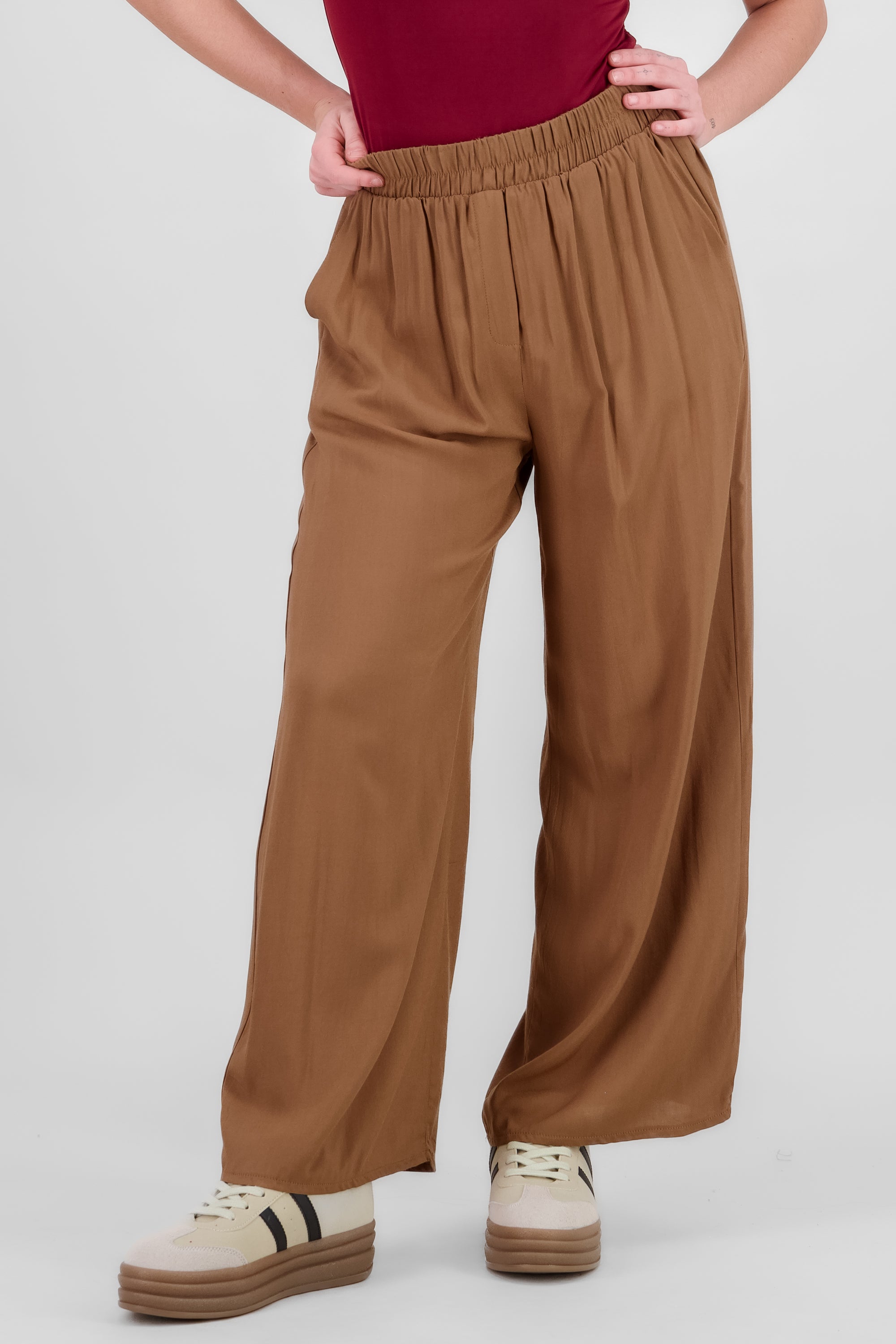 Pantalón Wide Leg Cintura Alta Fruncida KHAKI