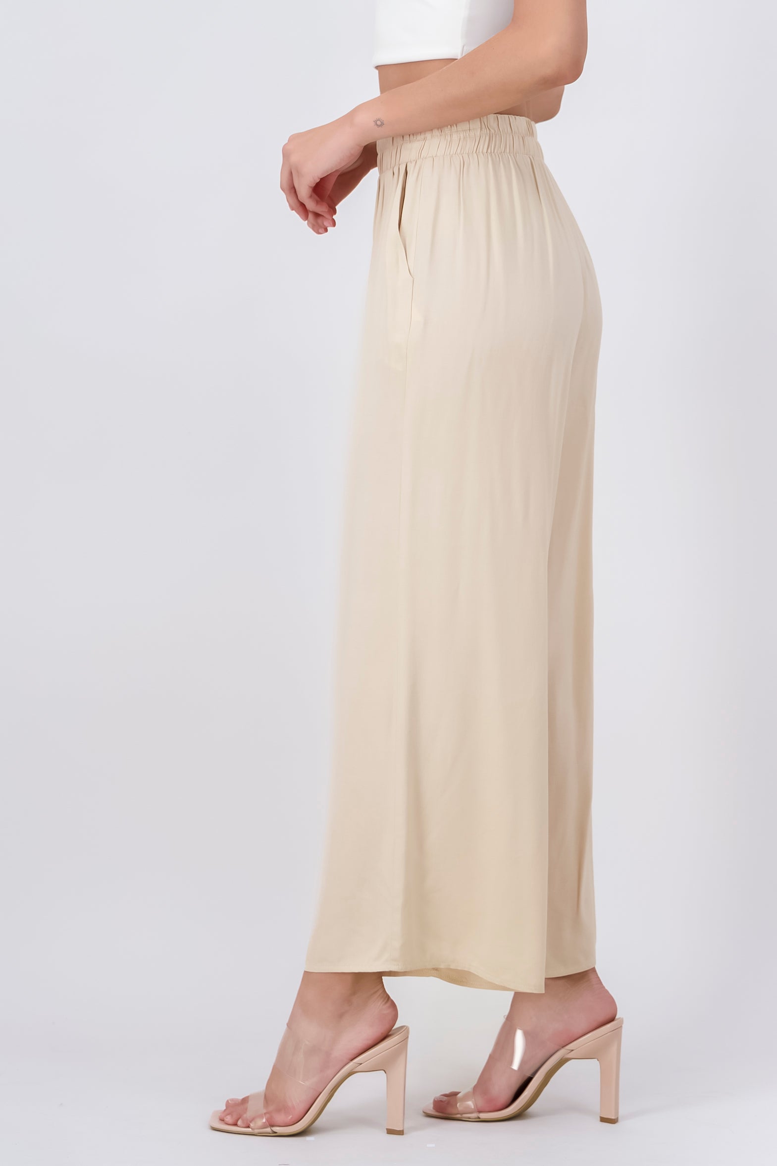 Pantalón Wide Leg Cintura Alta Fruncida KHAKI