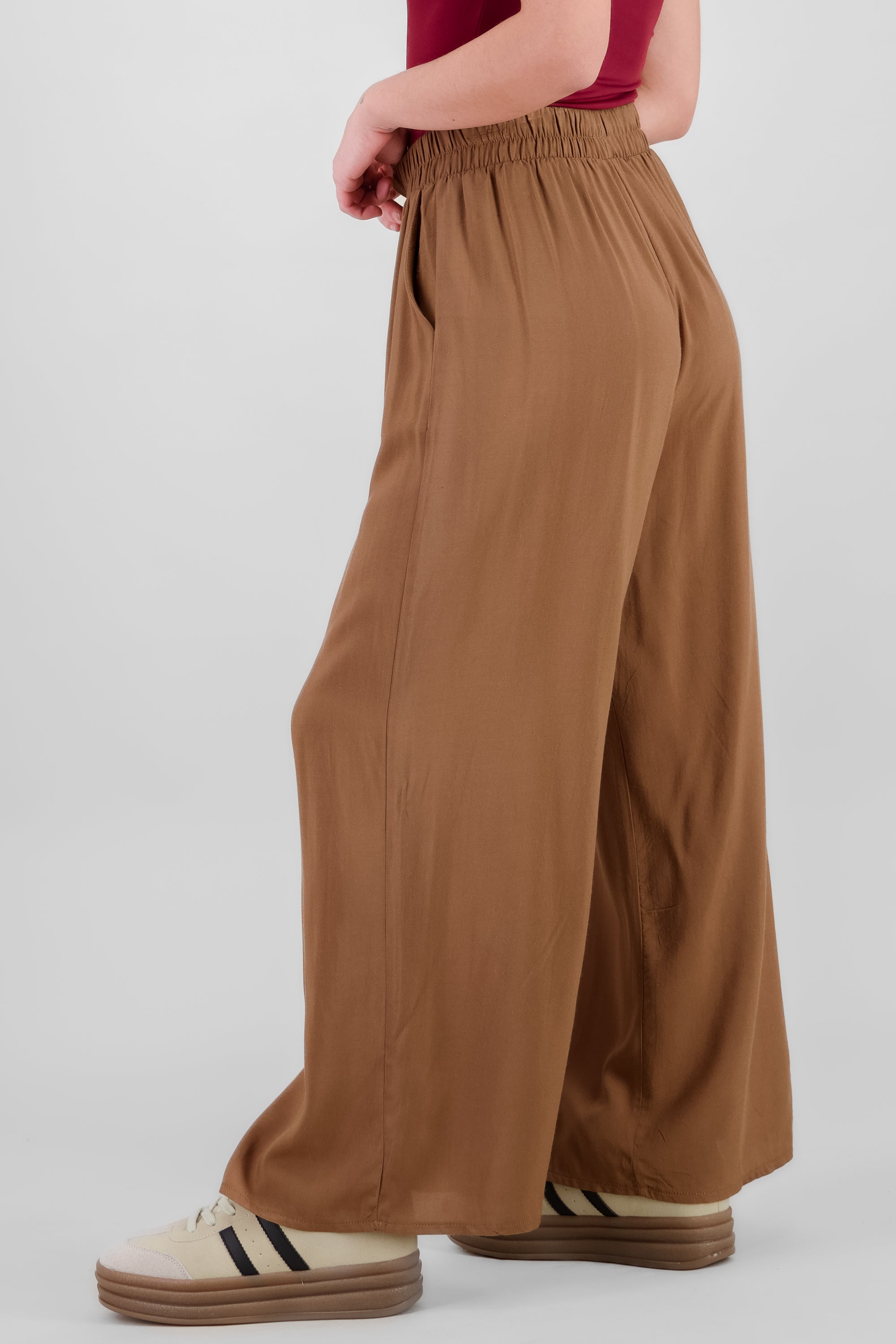 Pantalón Wide Leg Cintura Alta Fruncida KHAKI