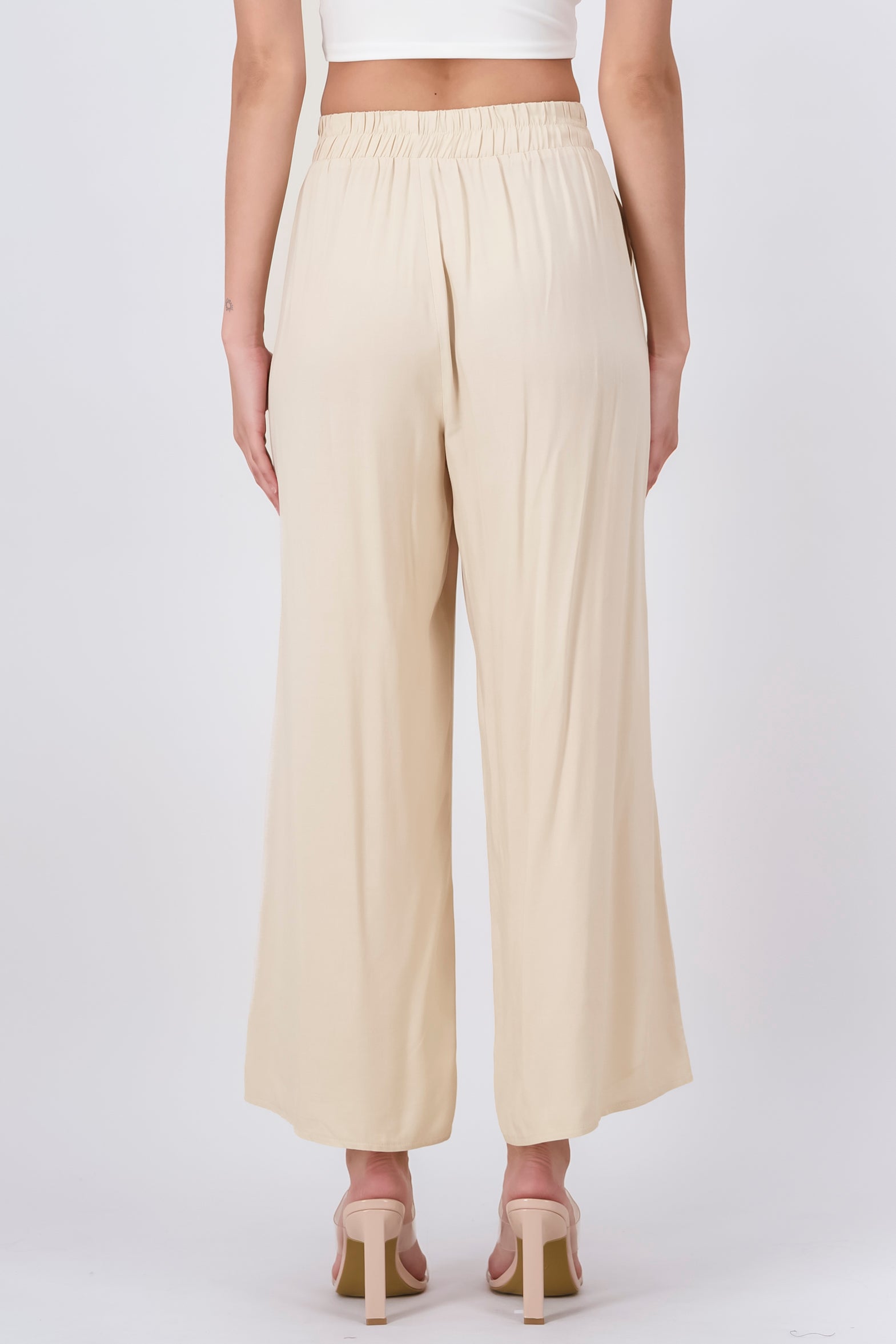 Pantalón Wide Leg Cintura Alta Fruncida KHAKI