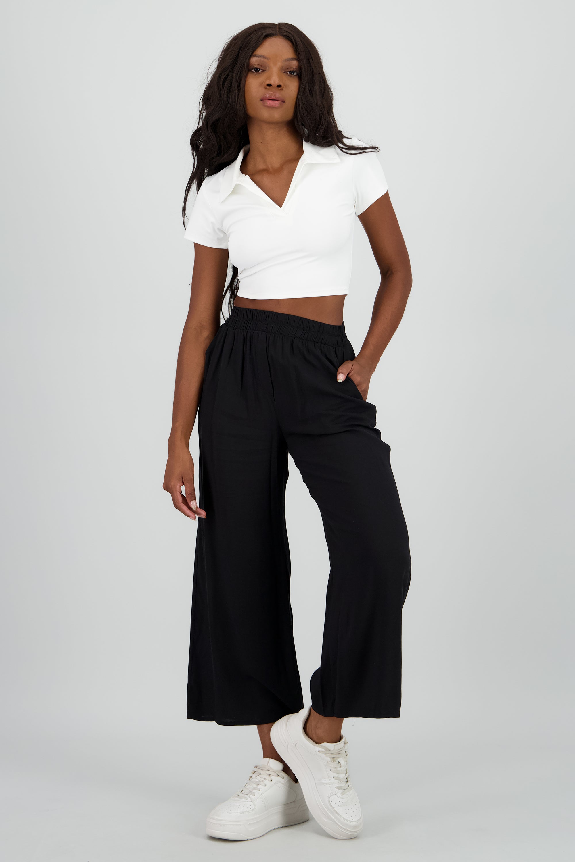 Pantalón Wide Leg Cintura Alta Fruncida