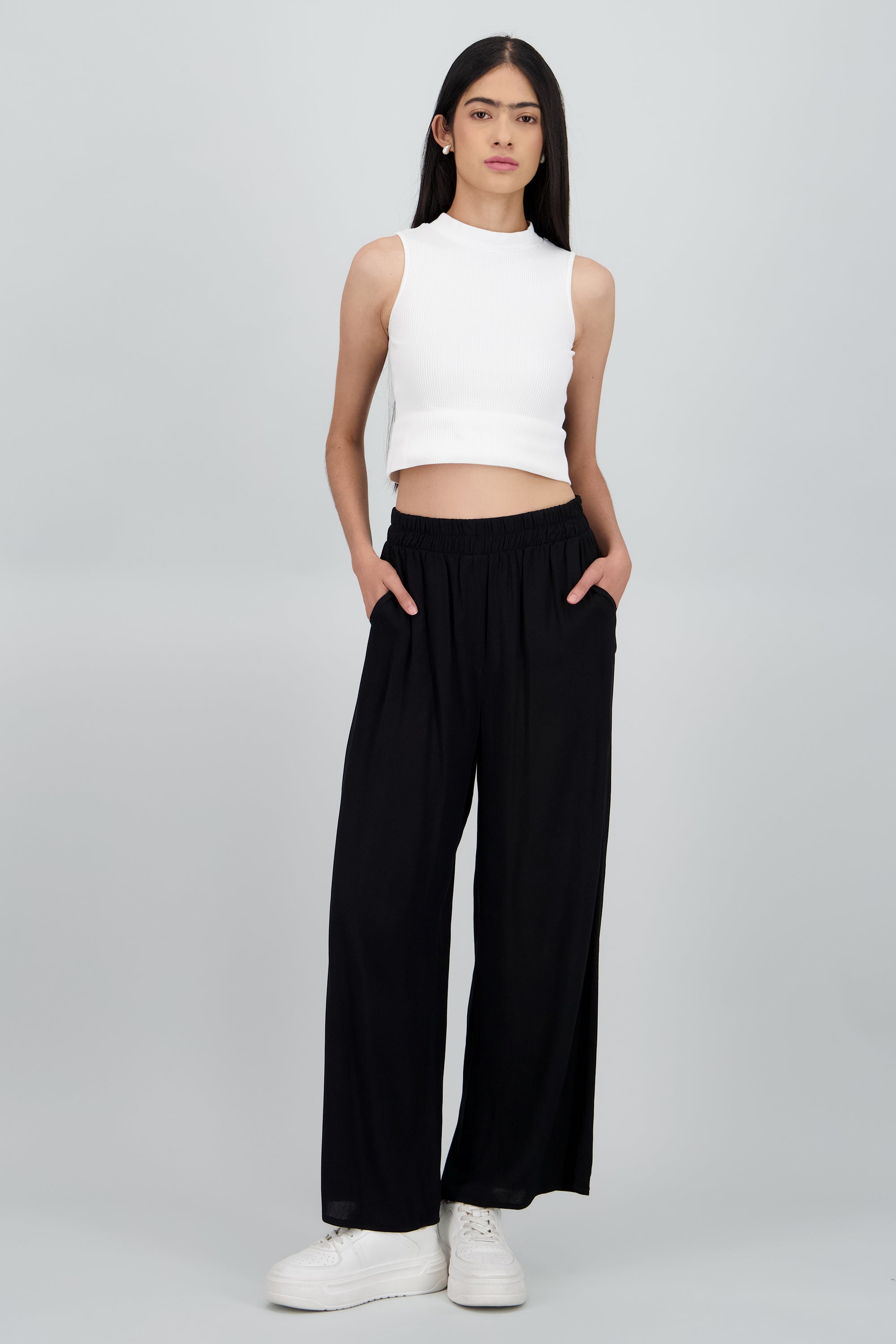Pantalón Wide Leg Cintura Alta Fruncida NEGRO