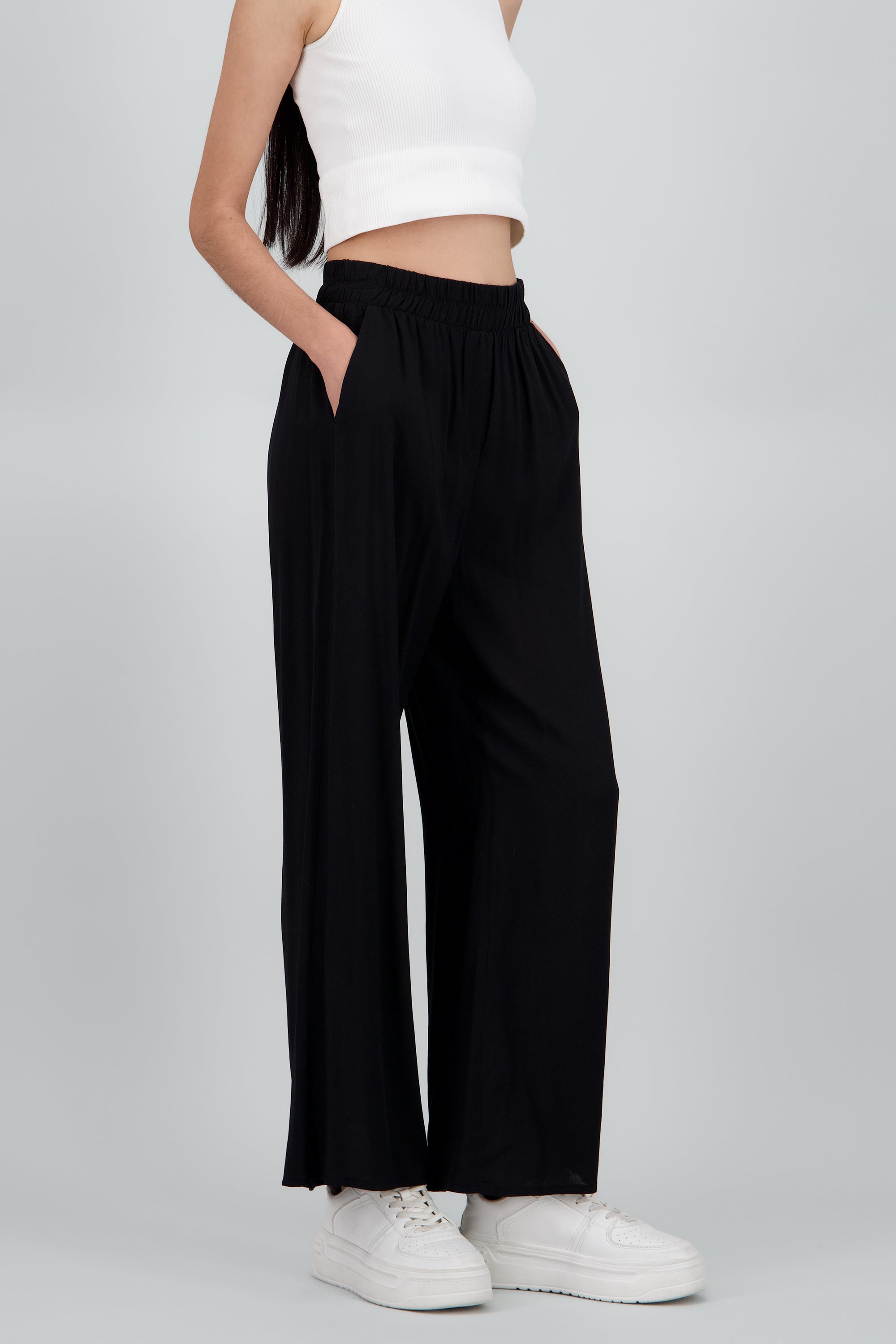 Pantalón Wide Leg Cintura Alta Fruncida NEGRO
