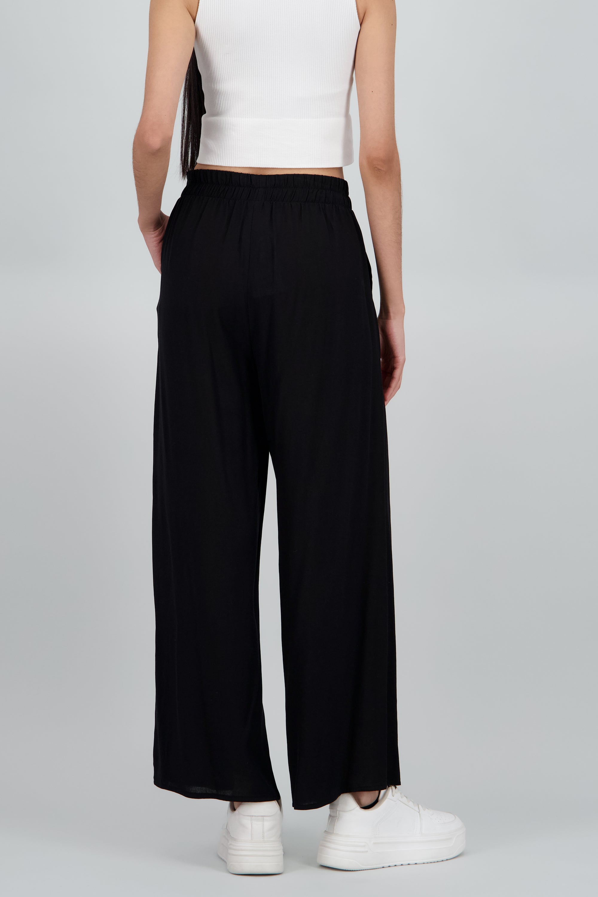 Pantalón Wide Leg Cintura Alta Fruncida NEGRO