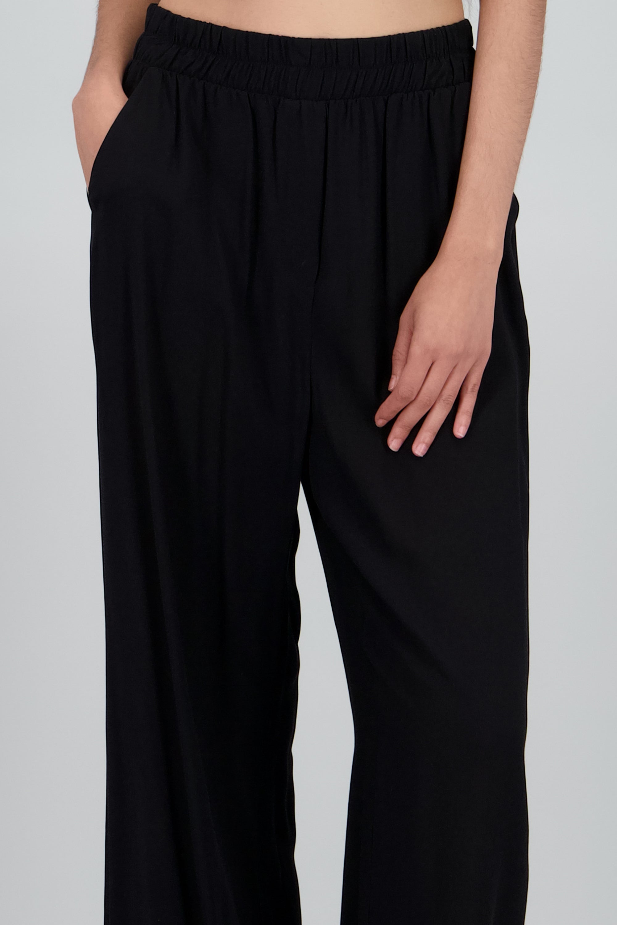 Pantalón Wide Leg Cintura Alta Fruncida NEGRO