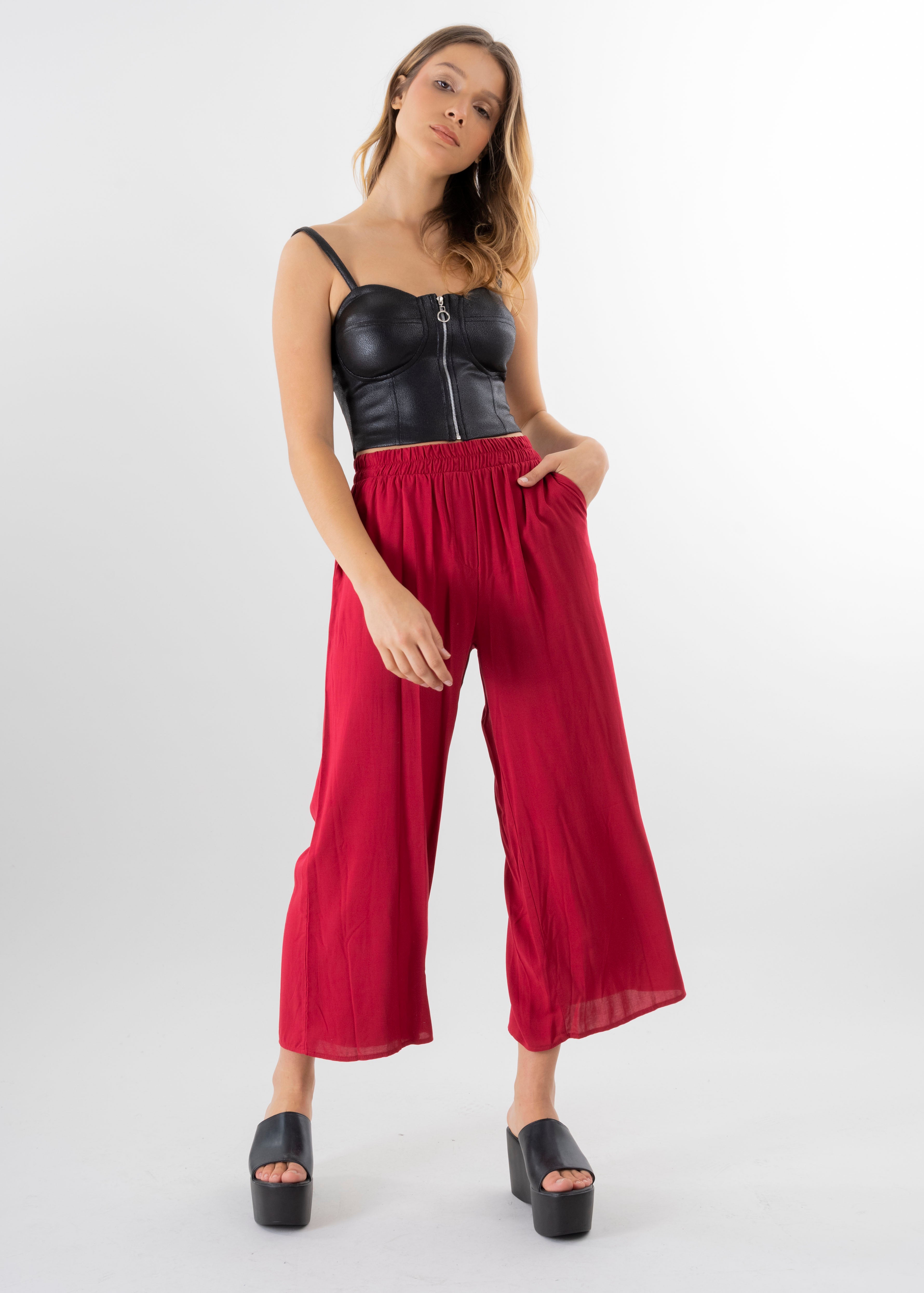 Pantalón Wide Leg Cintura Alta Fruncida ROJO QUEMADO