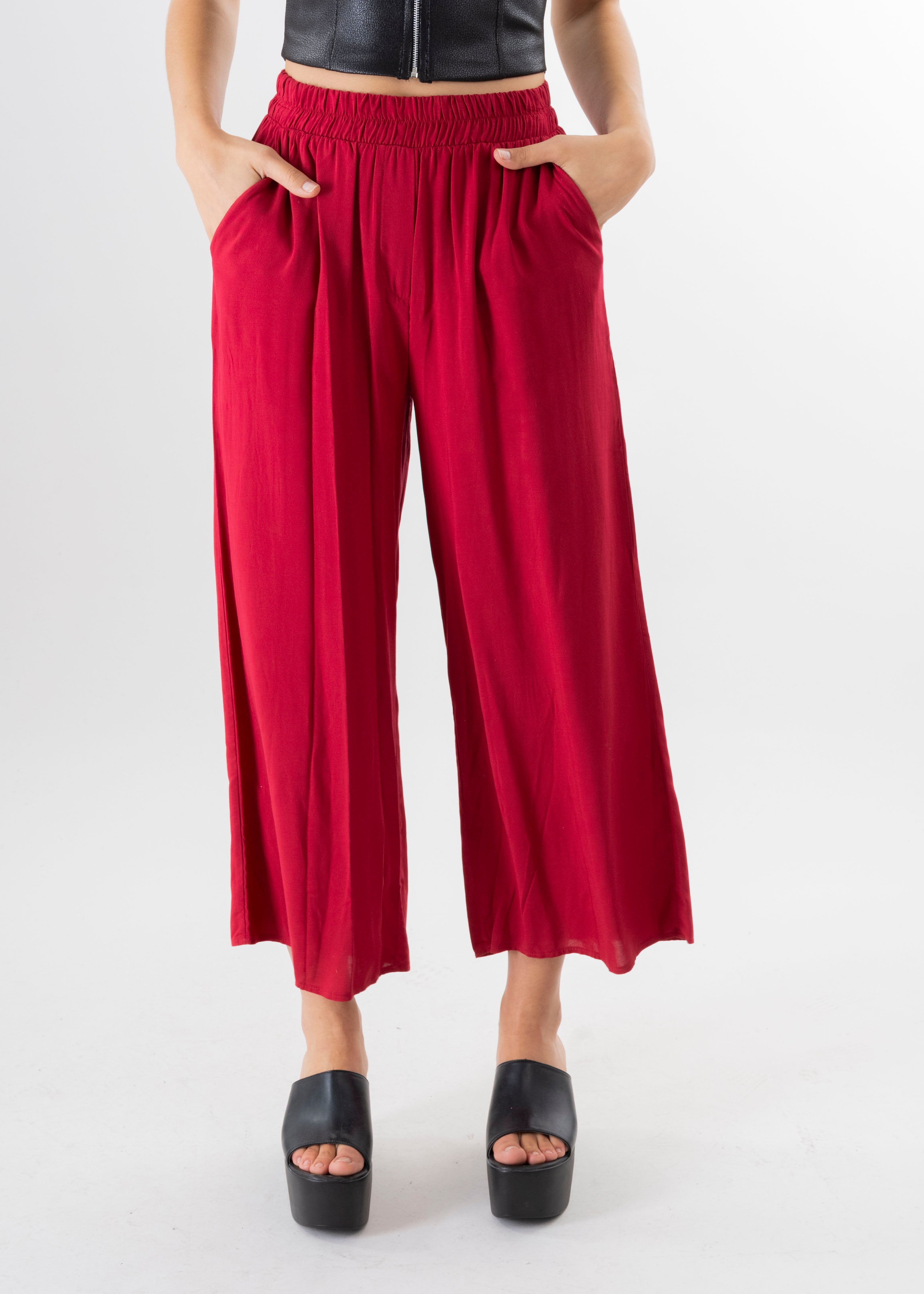 Pantalón Wide Leg Cintura Alta Fruncida ROJO QUEMADO