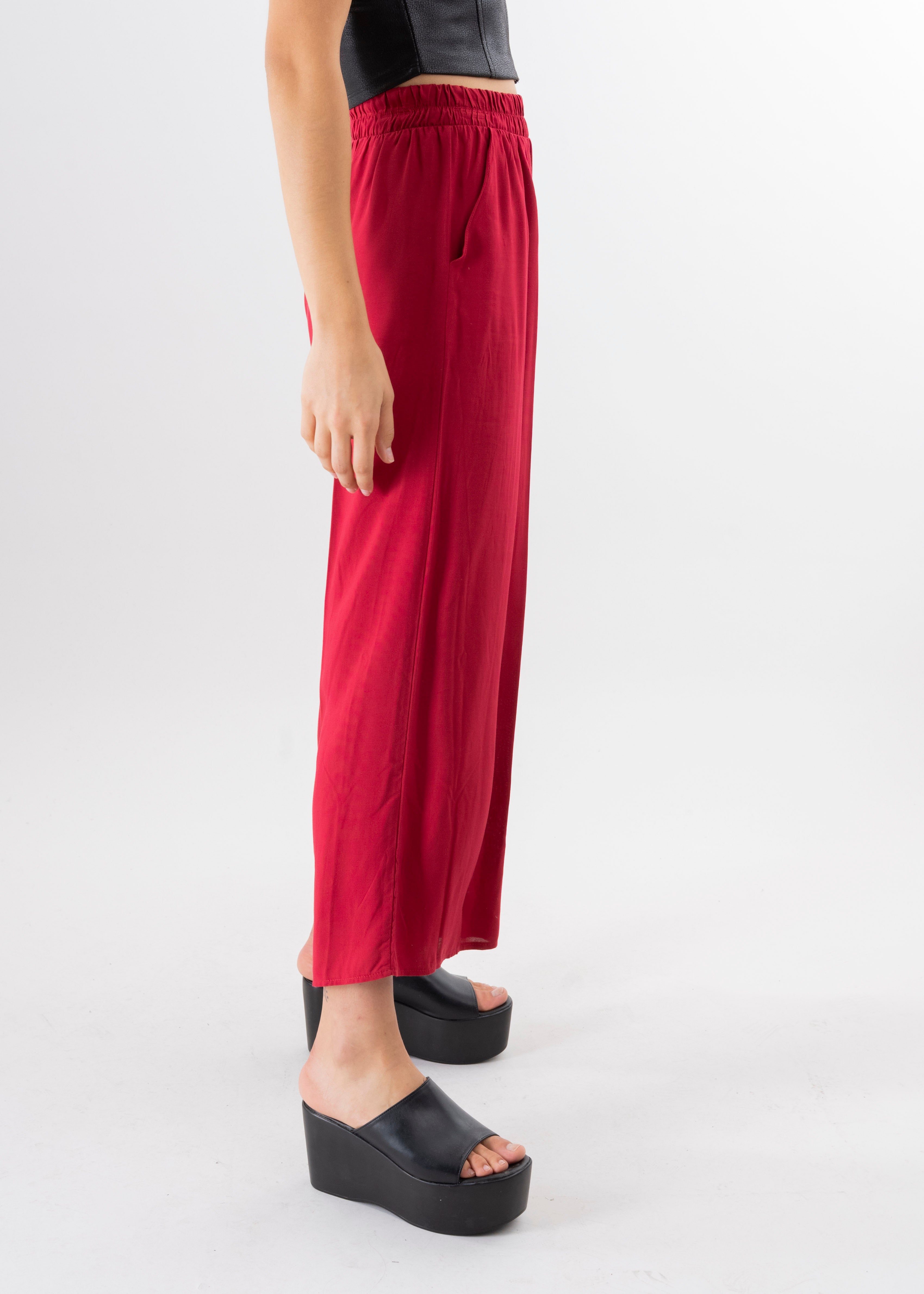 Pantalón Wide Leg Cintura Alta Fruncida ROJO QUEMADO