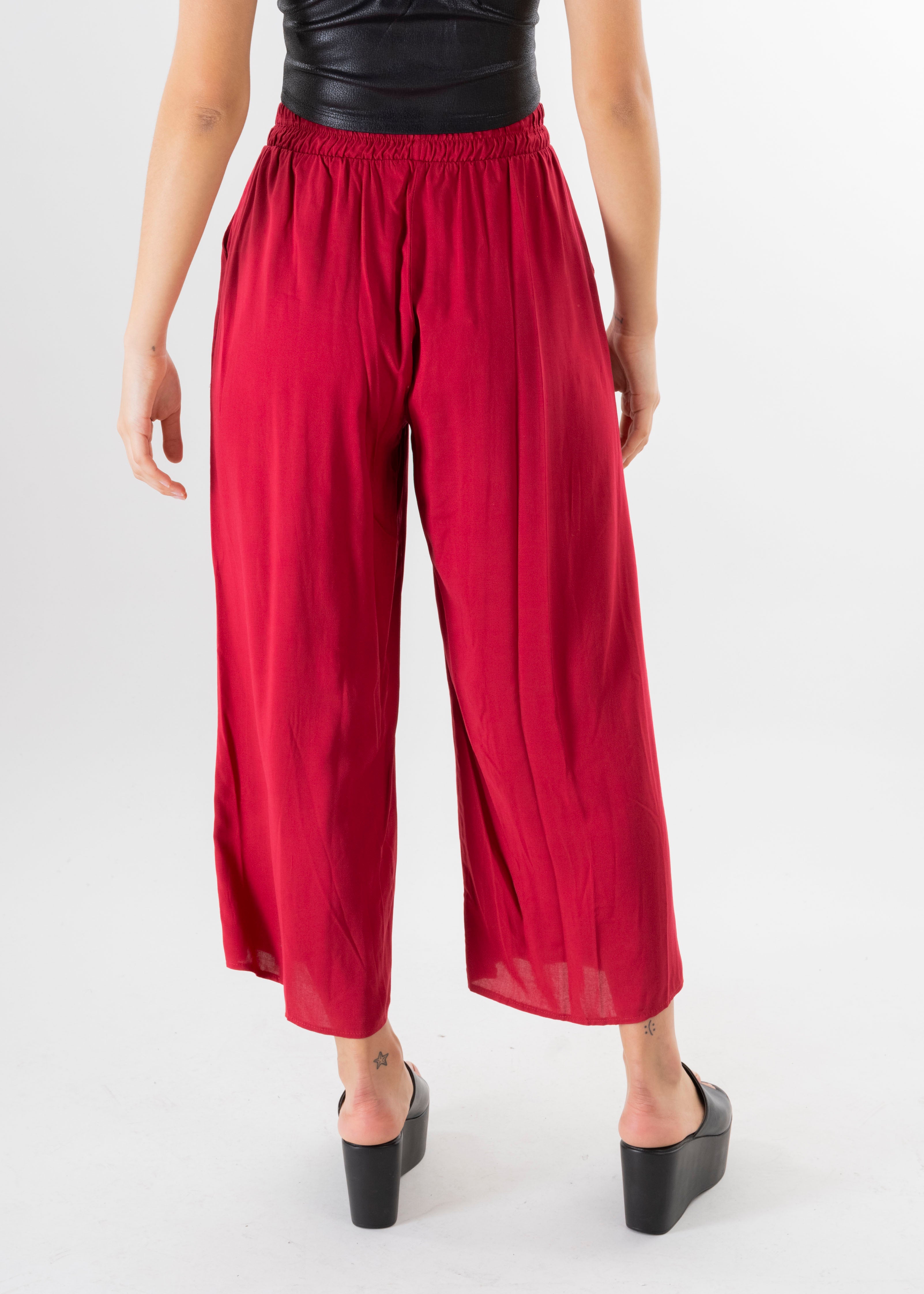 Pantalón Wide Leg Cintura Alta Fruncida ROJO QUEMADO