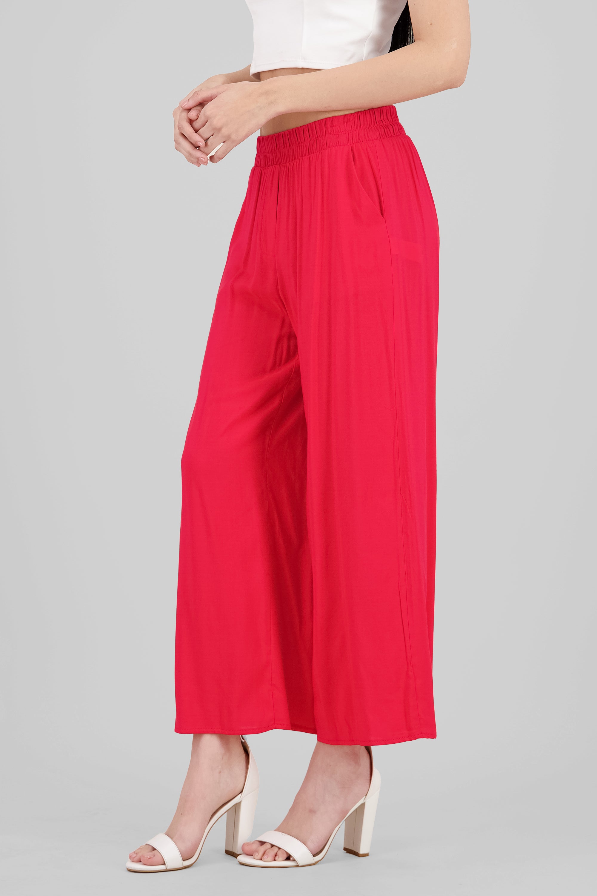 Pantalón Wide Leg Cintura Alta Fruncida ROJO CEREZA