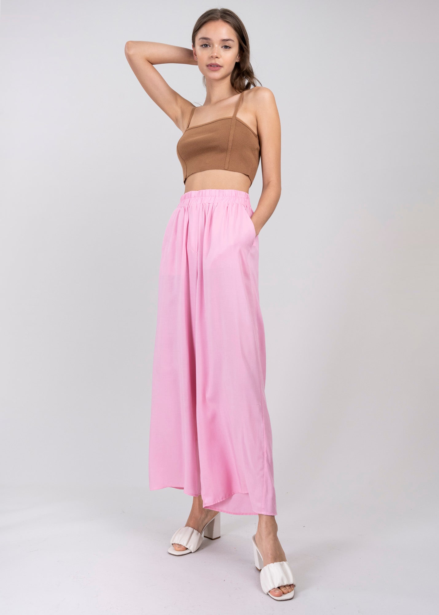 Pantalón Wide Leg Cintura Alta Fruncida ROSA