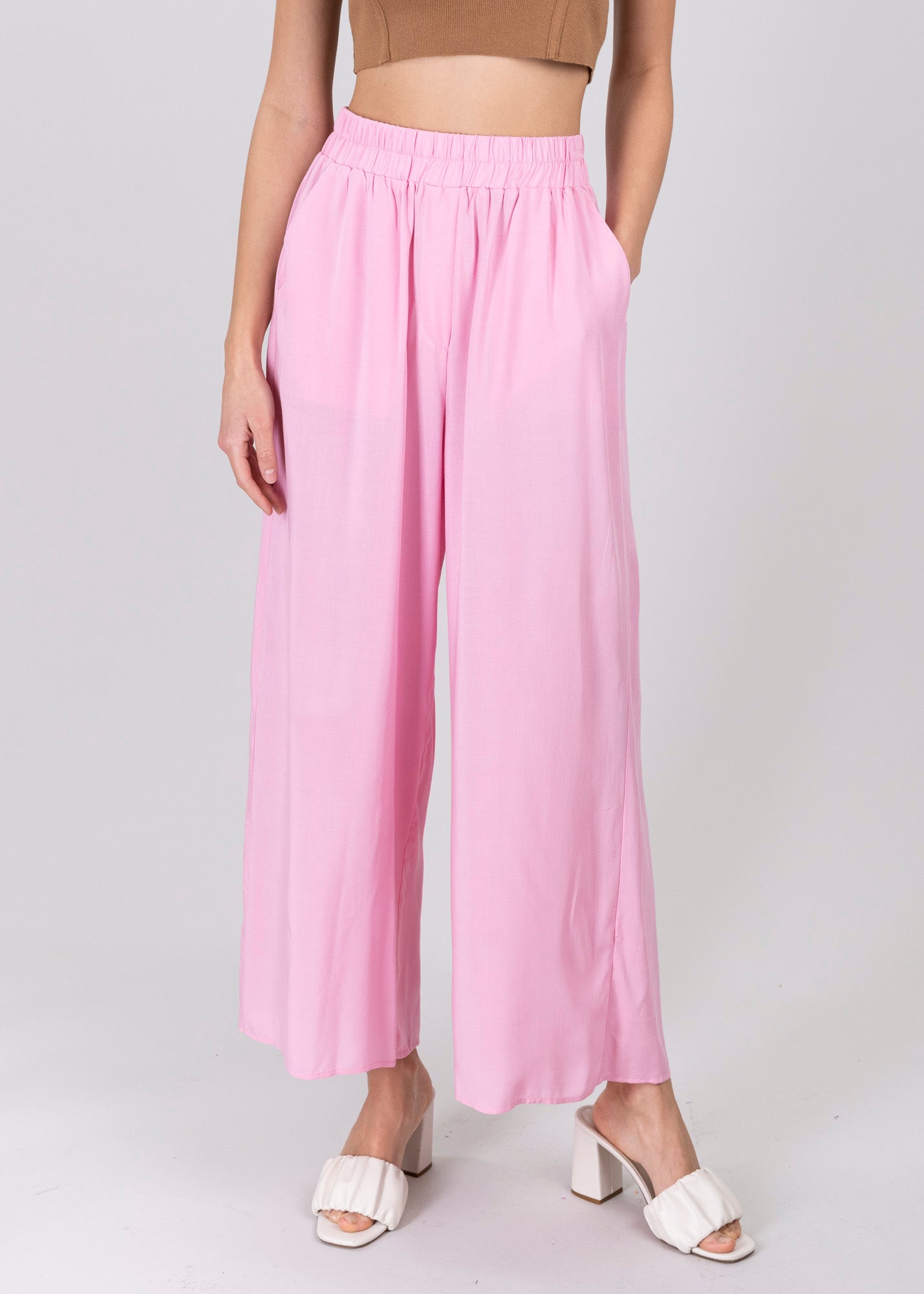 Pantalón Wide Leg Cintura Alta Fruncida ROSA