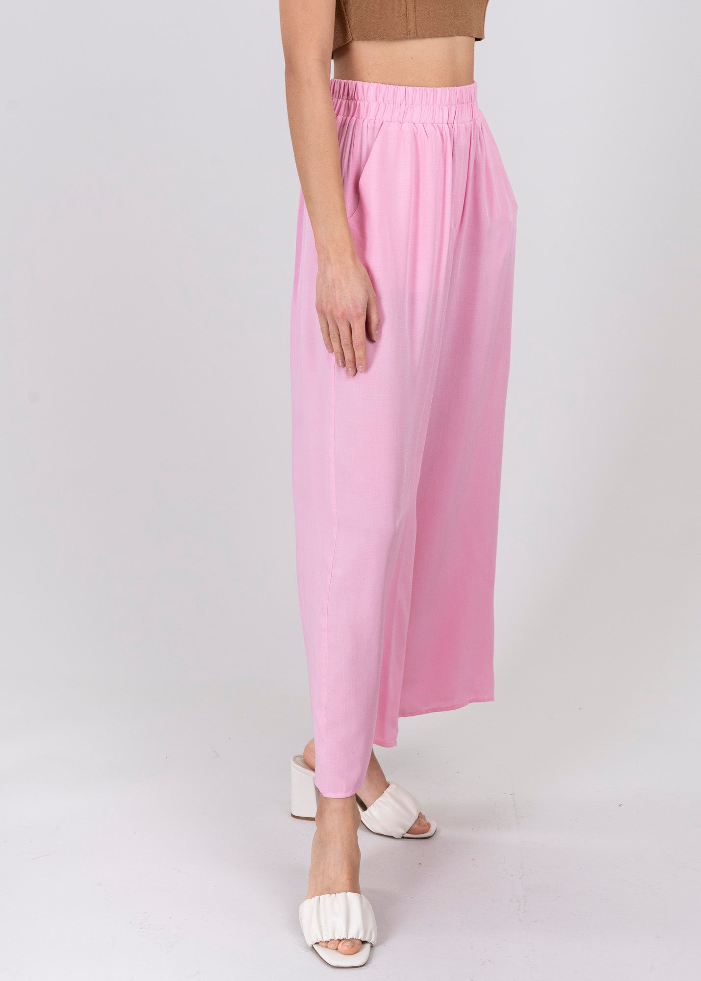 Pantalón Wide Leg Cintura Alta Fruncida ROSA