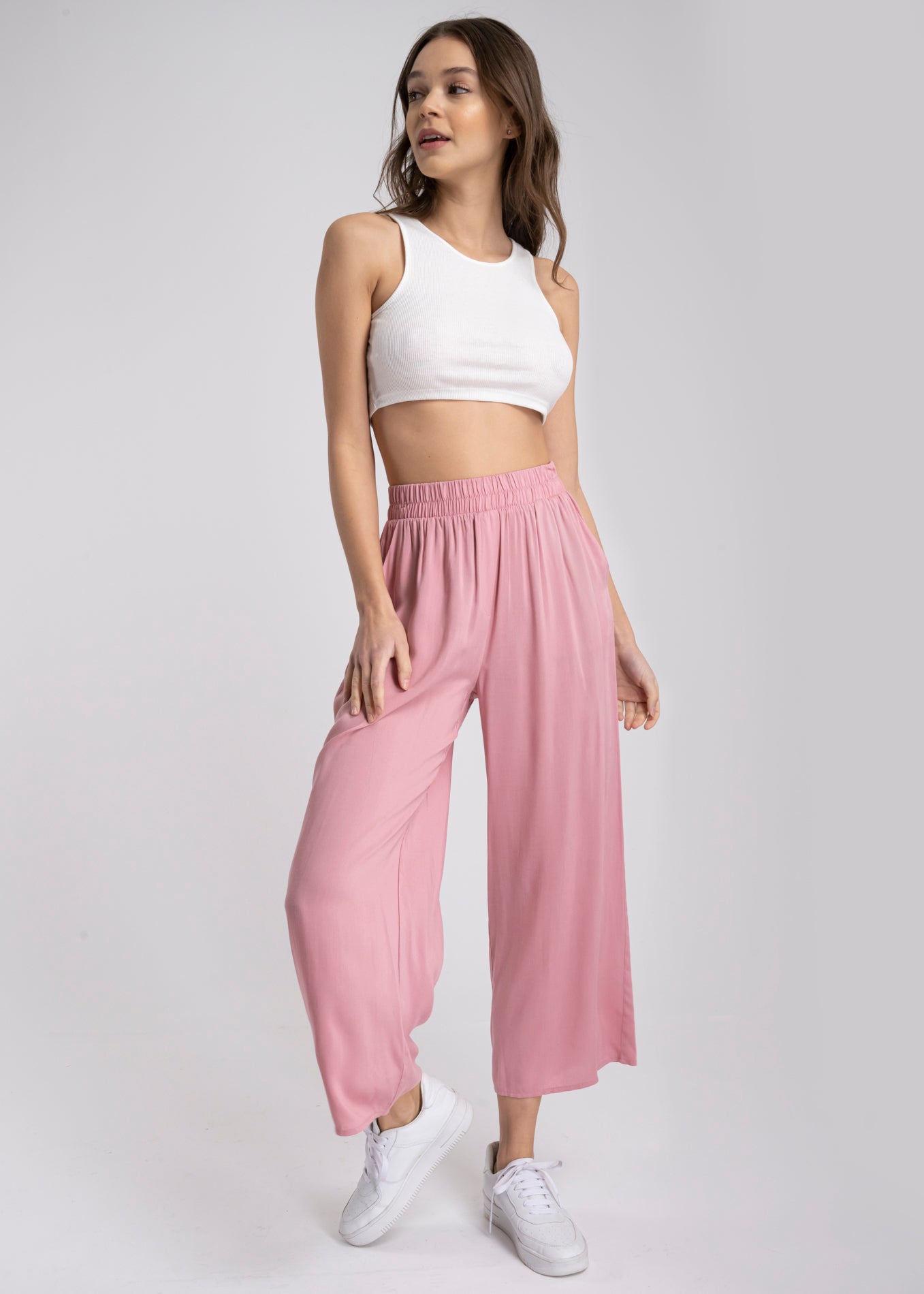 Pantalón Wide Leg Cintura Alta Fruncida PALO DE ROSA