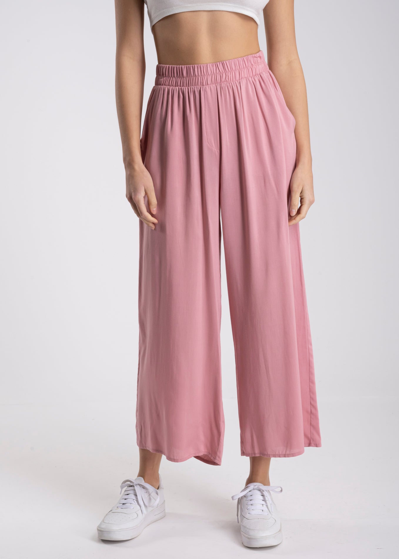 Pantalón Wide Leg Cintura Alta Fruncida PALO DE ROSA