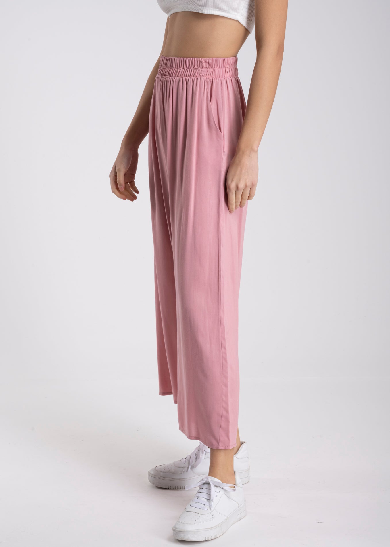 Pantalón Wide Leg Cintura Alta Fruncida PALO DE ROSA