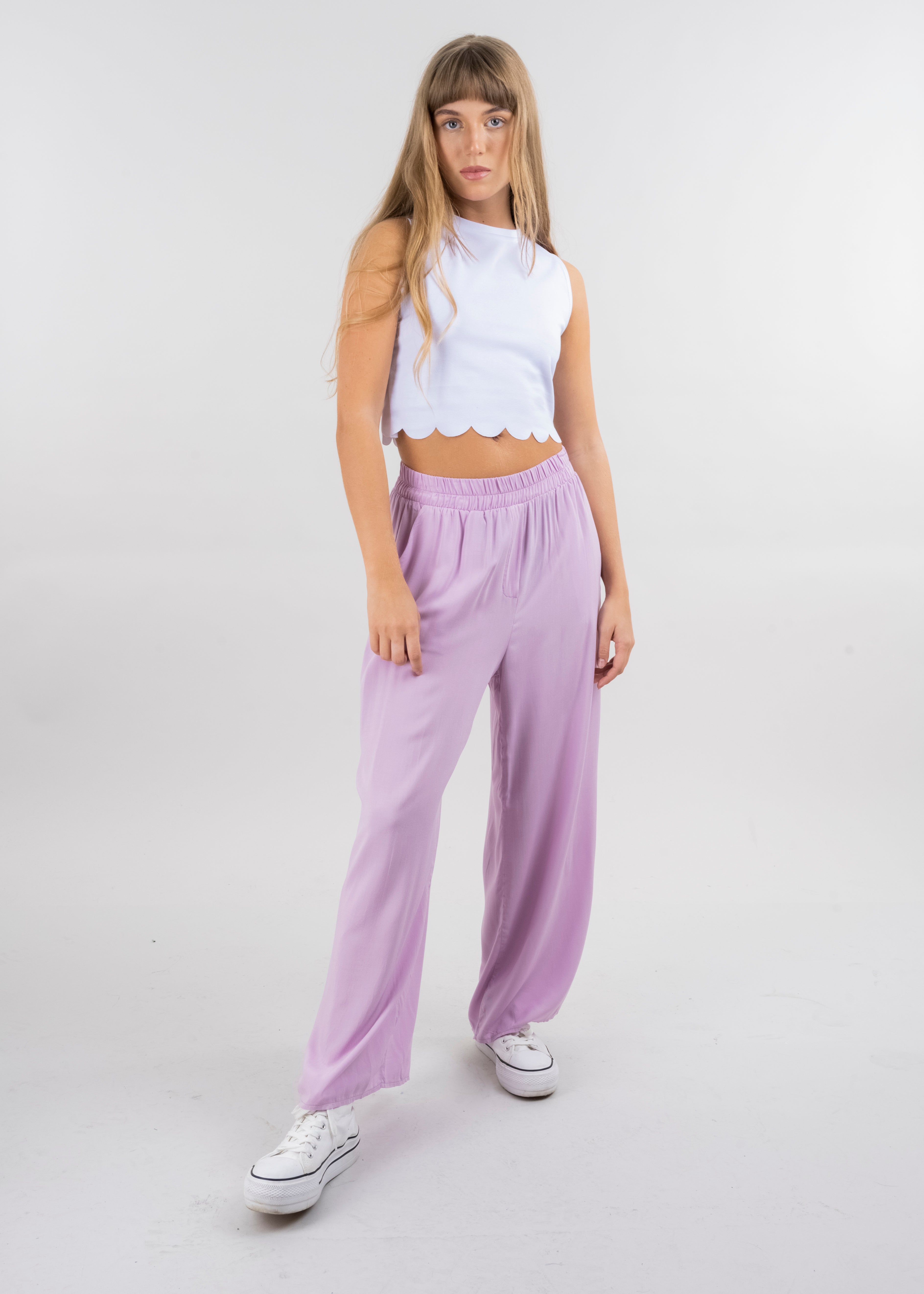Pantalón Wide Leg Cintura Alta Fruncida ROSA COMBO