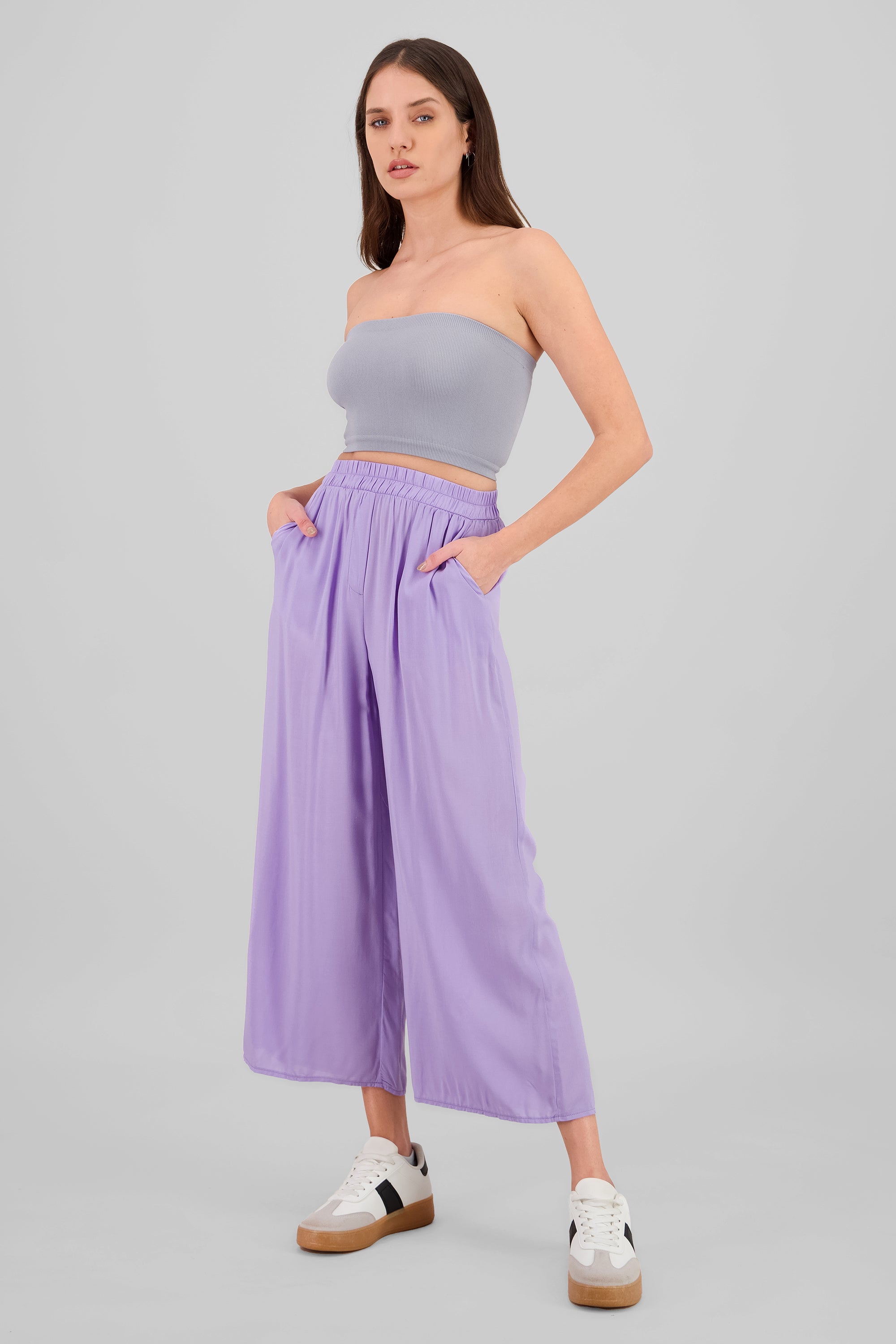 Pantalón Wide Leg Cintura Alta Fruncida LILA OBSCURO