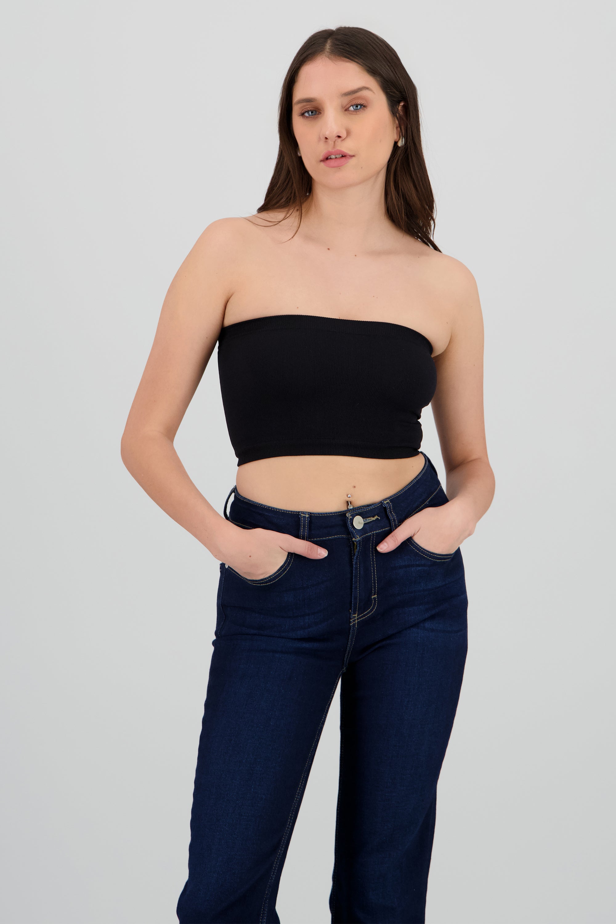 Top Tubo Elástico Acanalado NEGRO