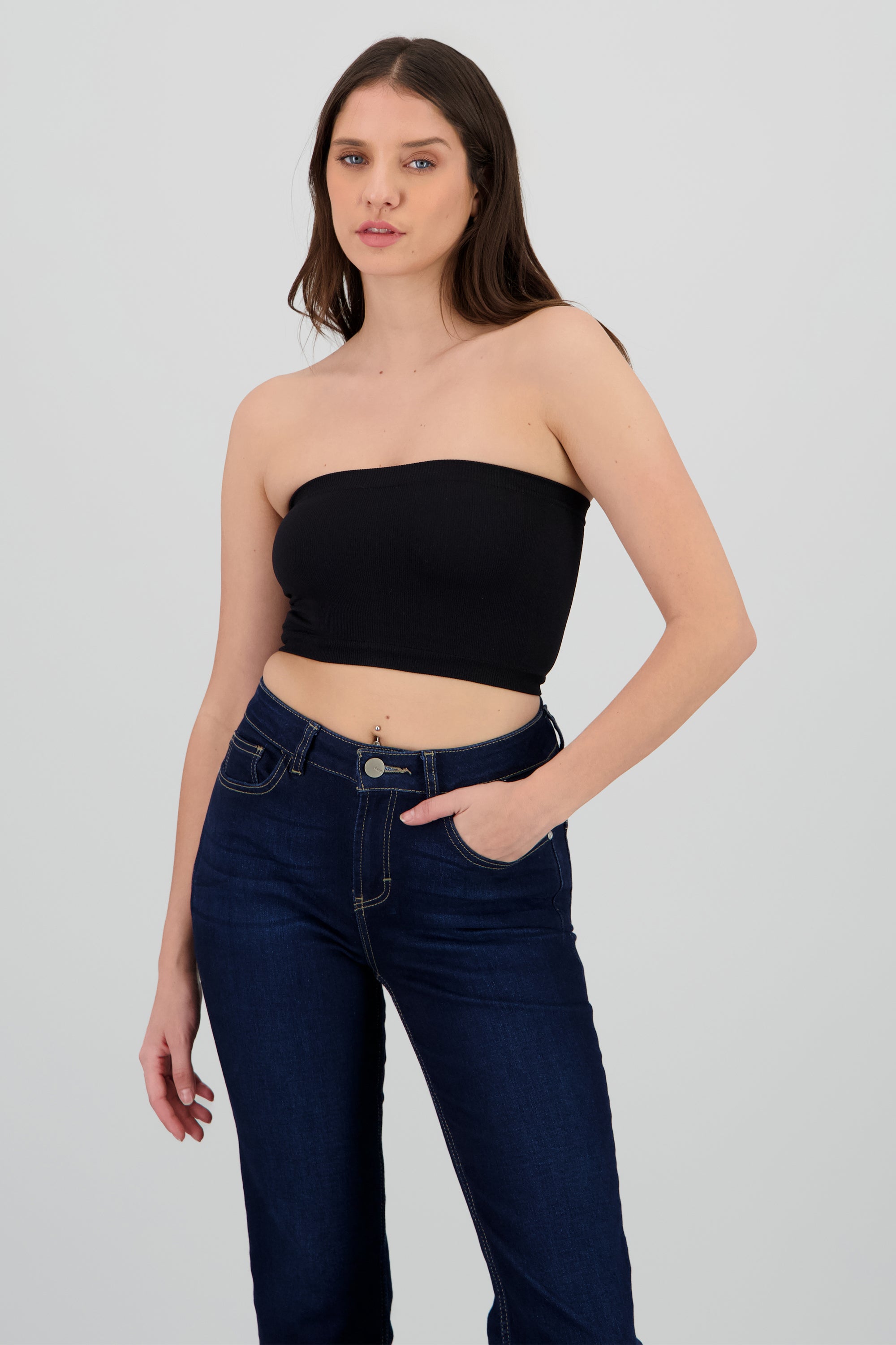 Top Tubo Elástico Acanalado NEGRO