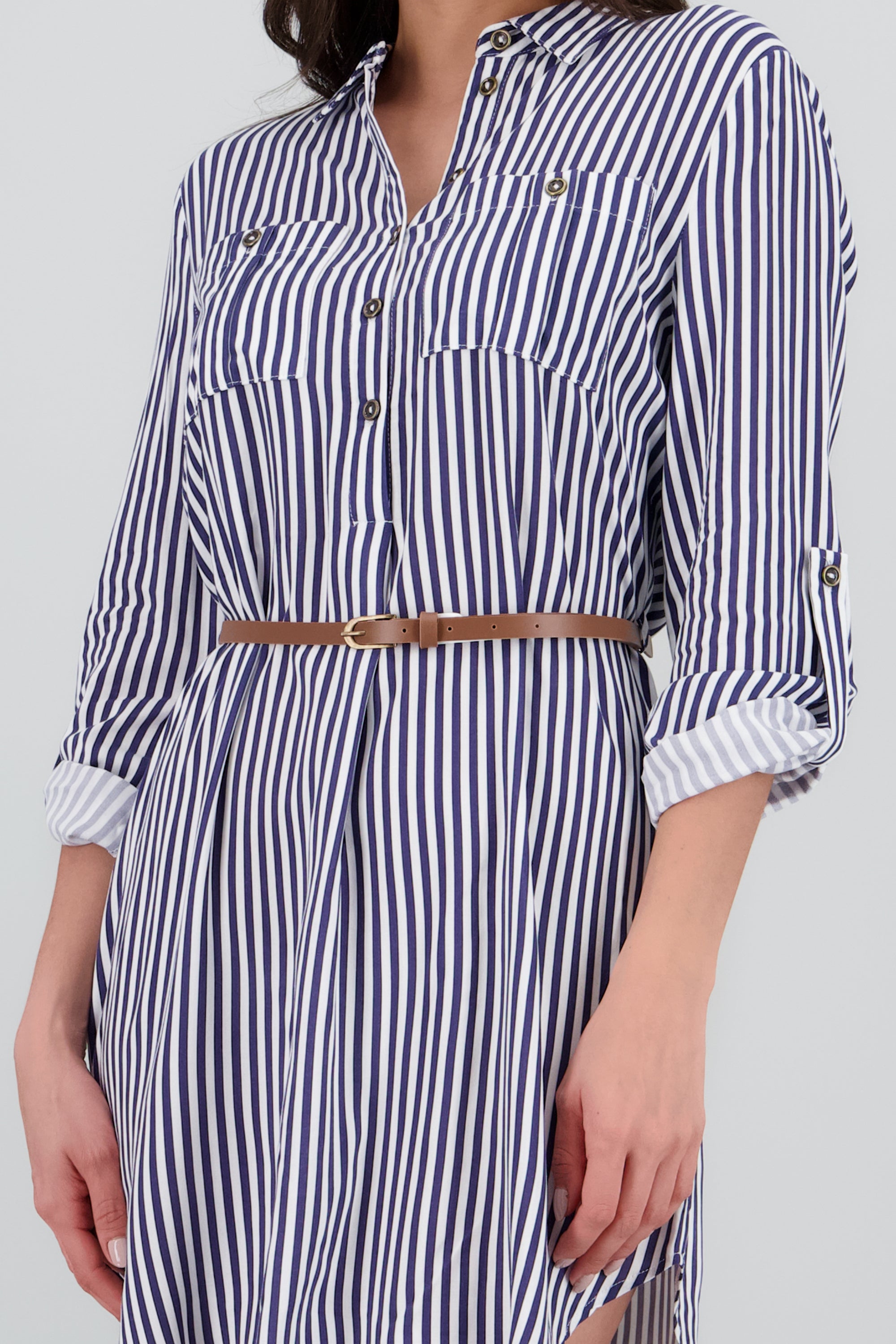 Vestido Mini Camisero Estampado Rayas MARINO COMBO