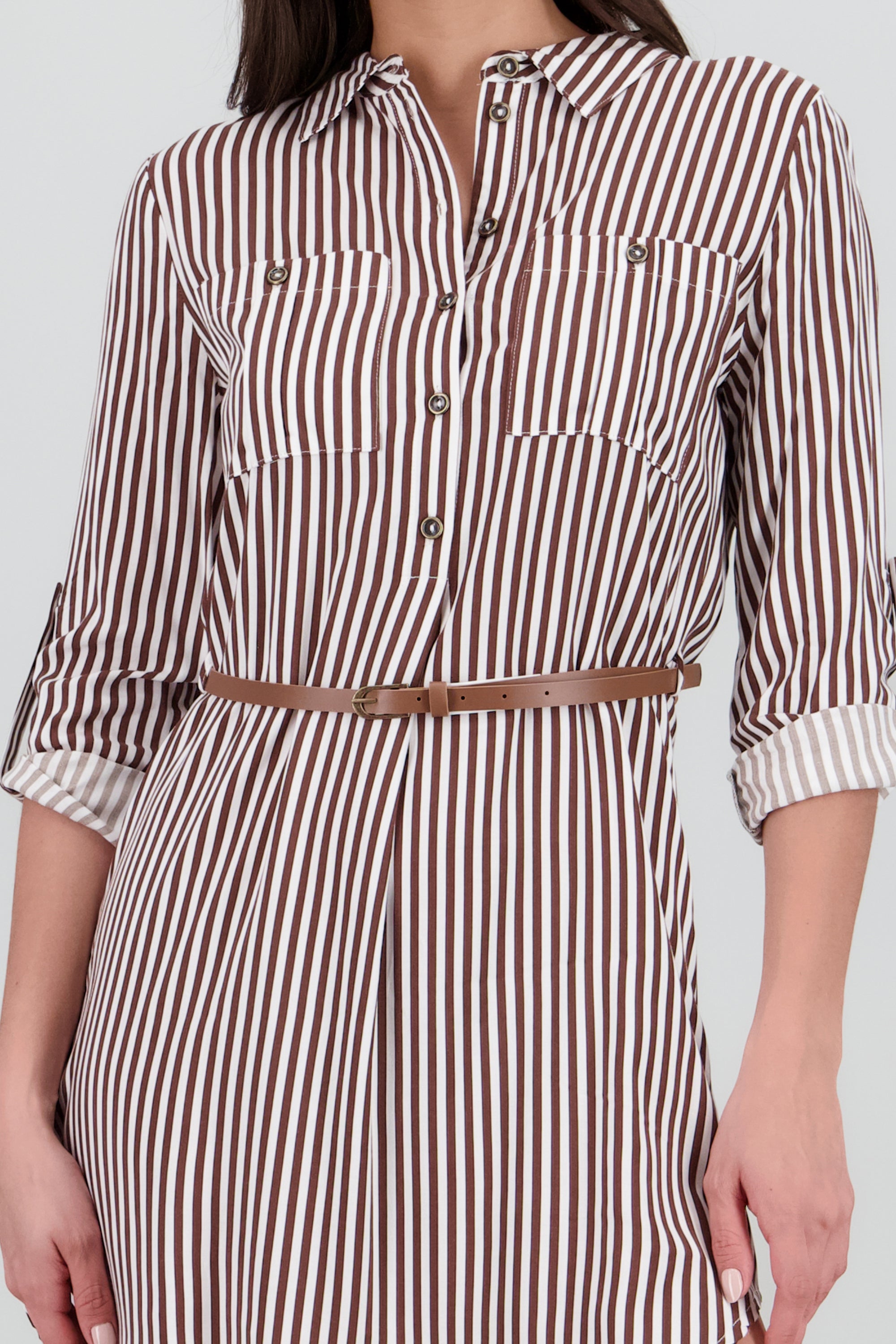 Vestido Mini Camisero Estampado Rayas CHOCOLATE
