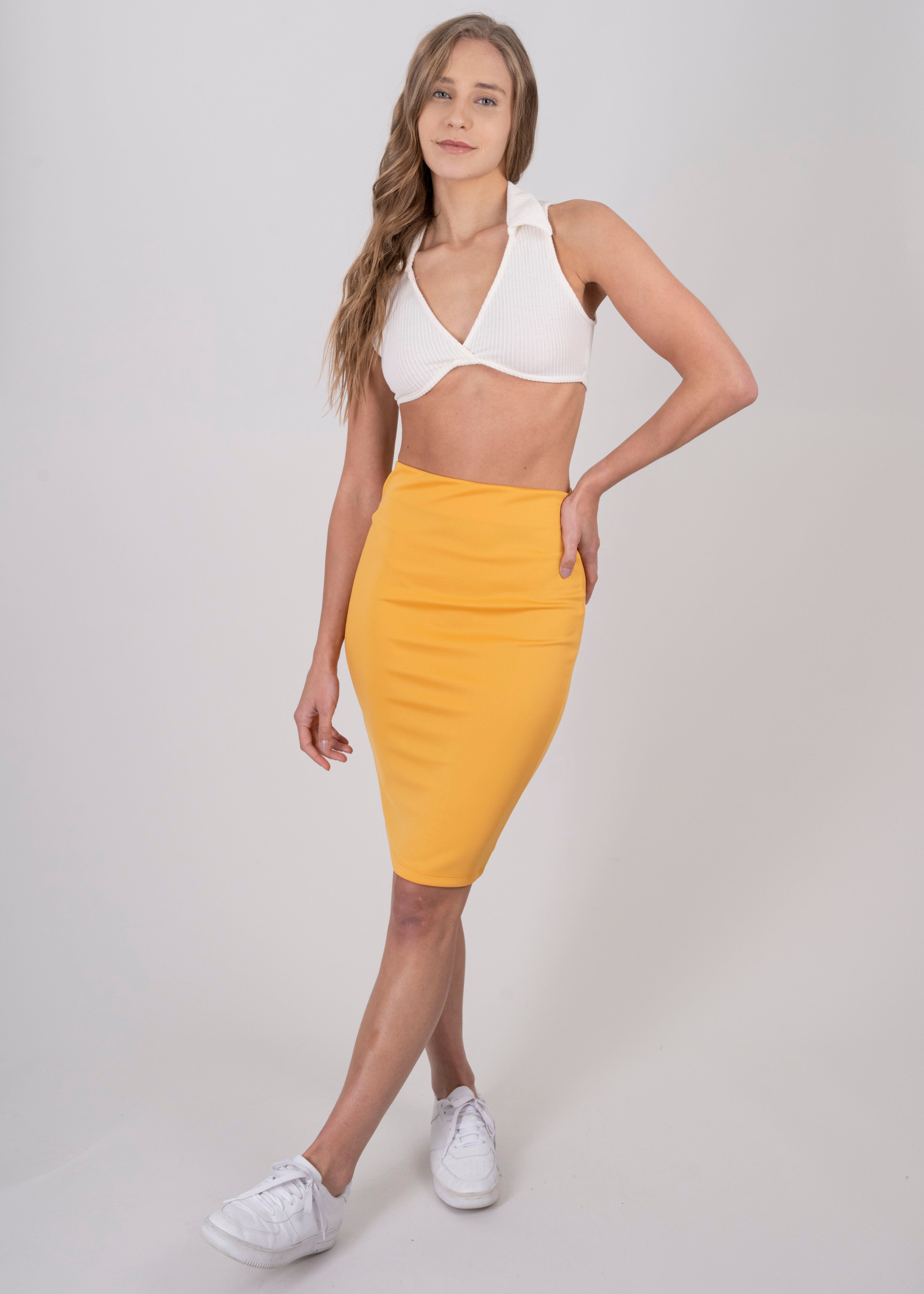Falda Midi Tubo Lisa Cintura Alta AMARILLO OBSCURO