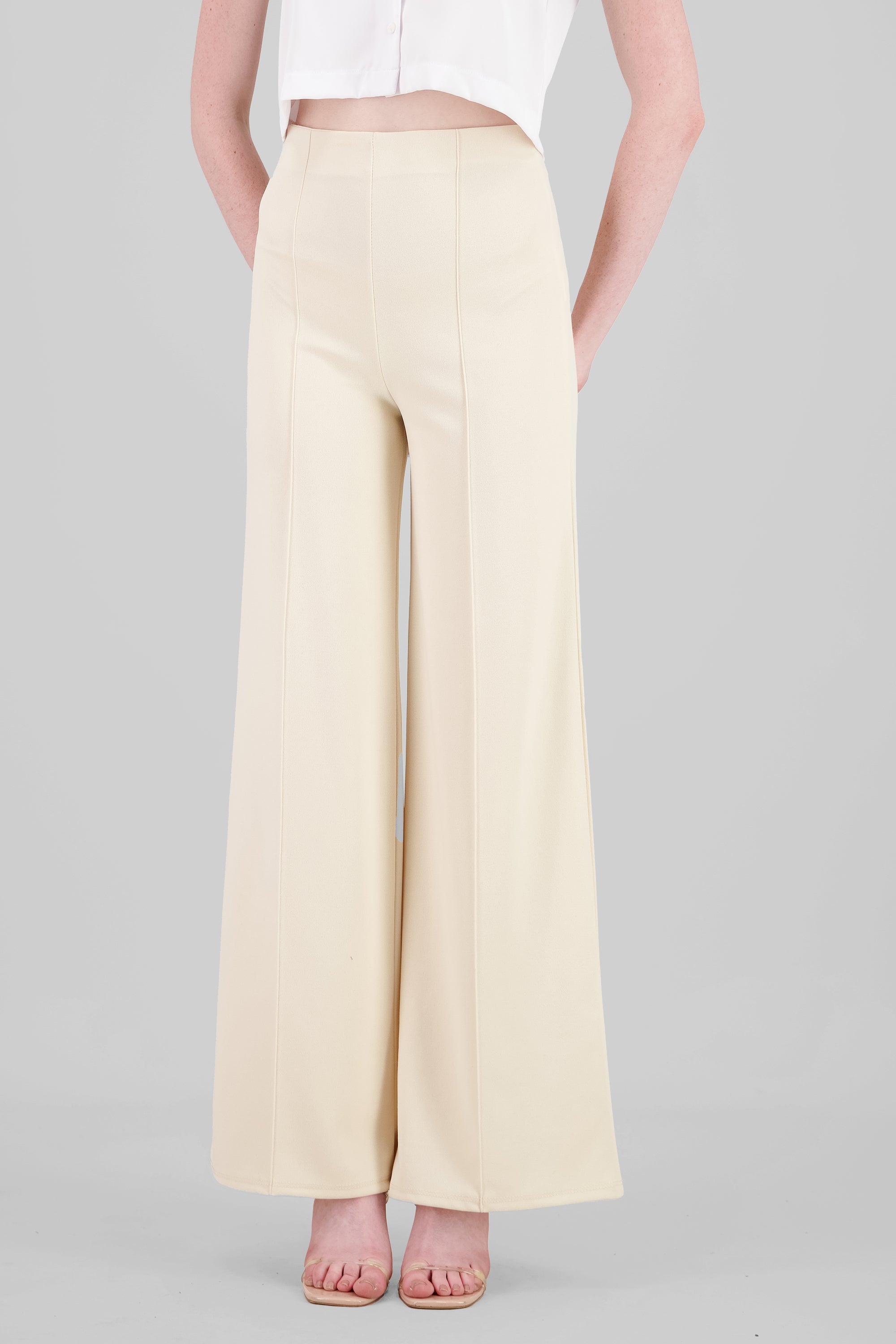 Pantalón Wide Leg Cintura Alta Costuras BEIGE