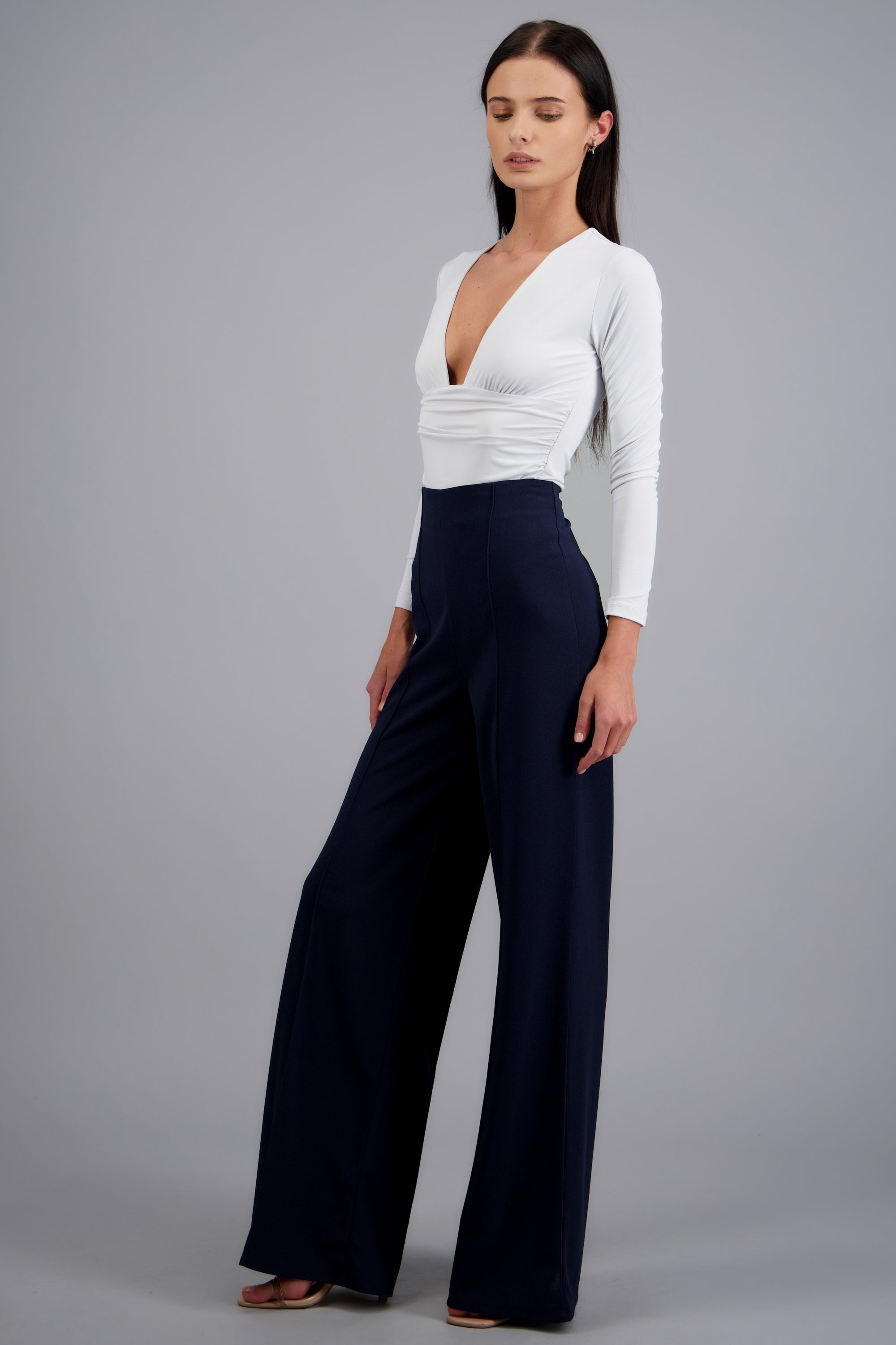 Pantalón Wide Leg Cintura Alta Costuras MARINO