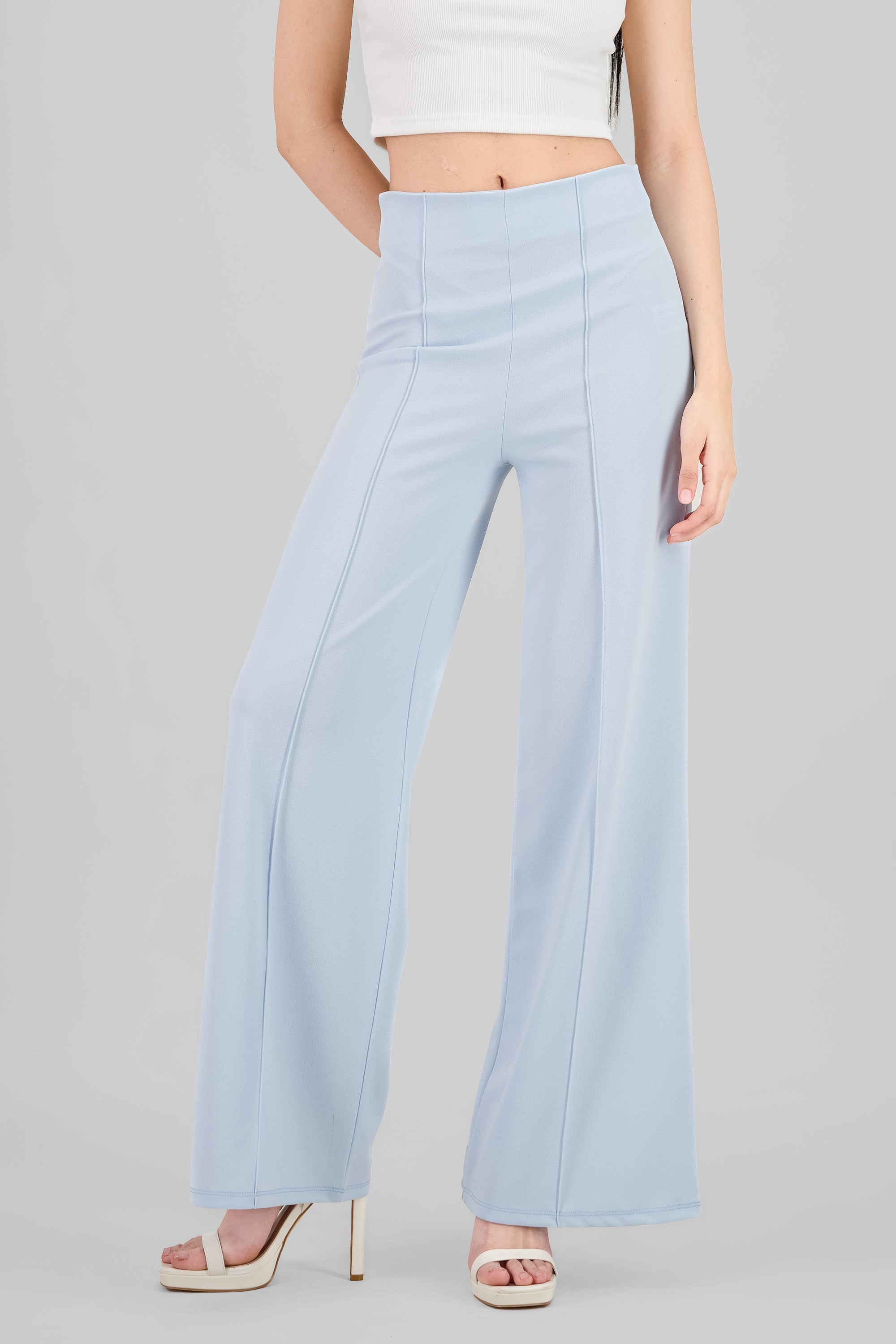 Pantalón Wide Leg Cintura Alta Costuras AZUL PASTEL